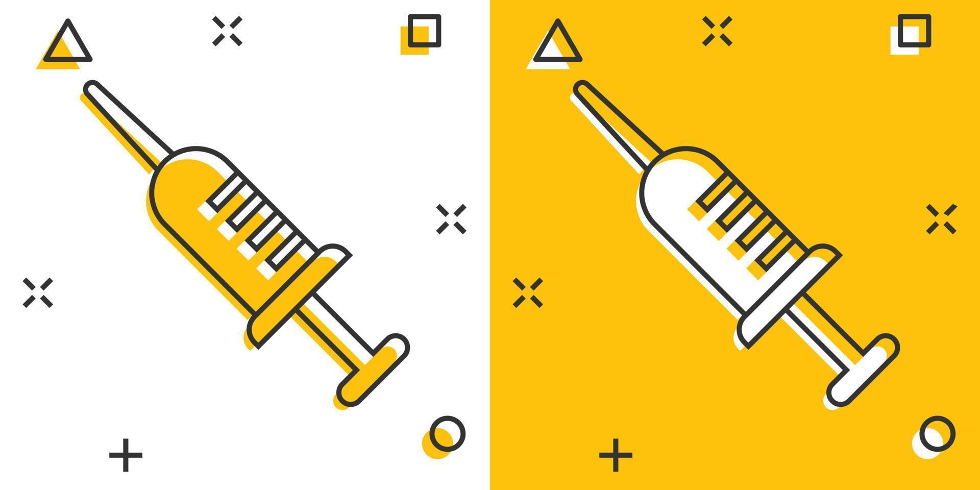 Syringe icon in comic style. Inject needle cartoon vector illustration on white isolated background. Drug dose splash effect business concept.
