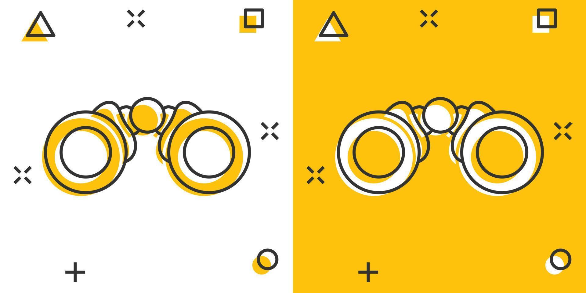 Binocular icon in comic style. Search cartoon vector illustration on white isolated background. Zoom splash effect business concept.