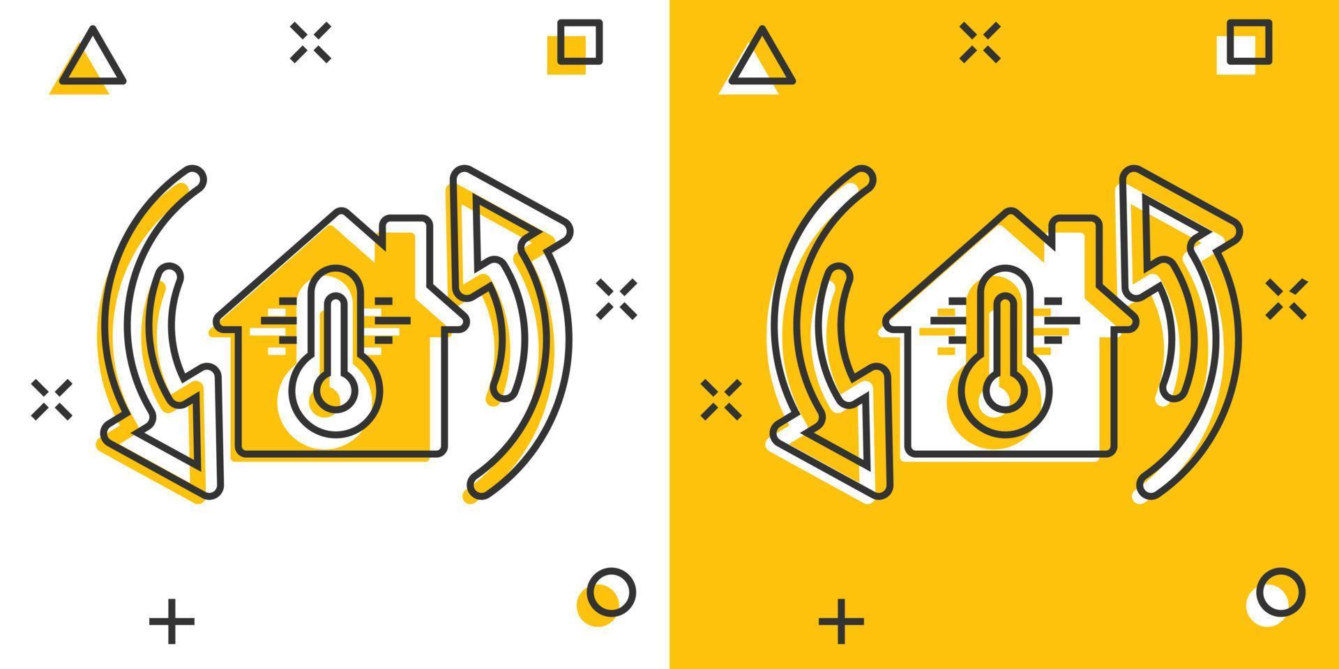 icono de la casa del termómetro en estilo cómico. ilustración de vector de dibujos animados de control de clima de casa sobre fondo blanco aislado. concepto de negocio de efecto de salpicadura de temperatura fría y caliente.