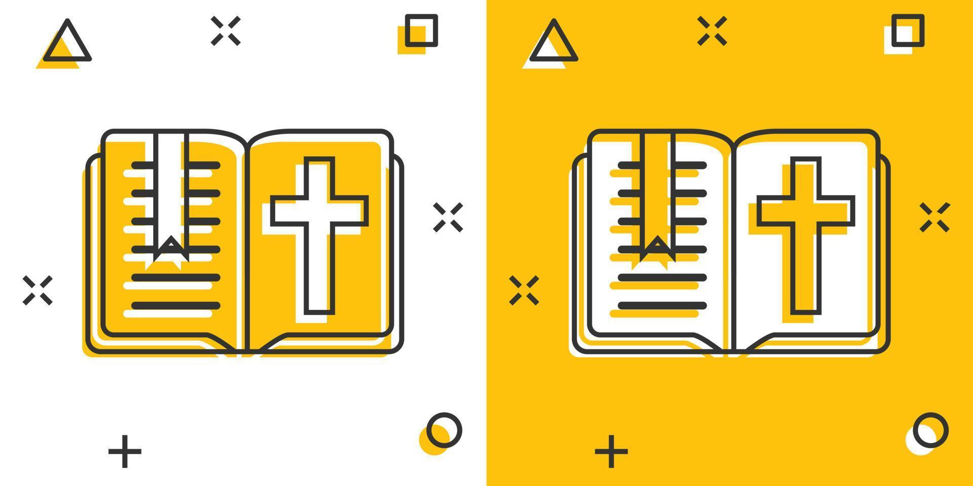 Bible book icon in comic style. Church faith cartoon vector illustration on white isolated background. Spirituality splash effect business concept.