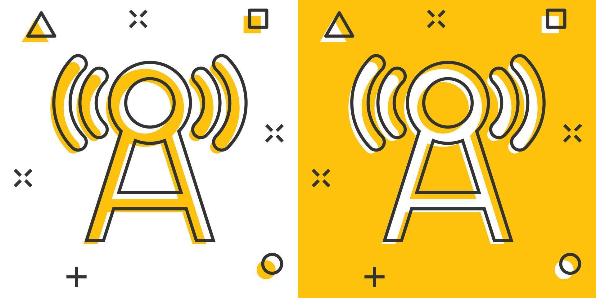 icono de torre de antena en estilo cómico. Ilustración de vector de dibujos animados de difusión sobre fondo blanco aislado. concepto de negocio de efecto de salpicadura wifi.