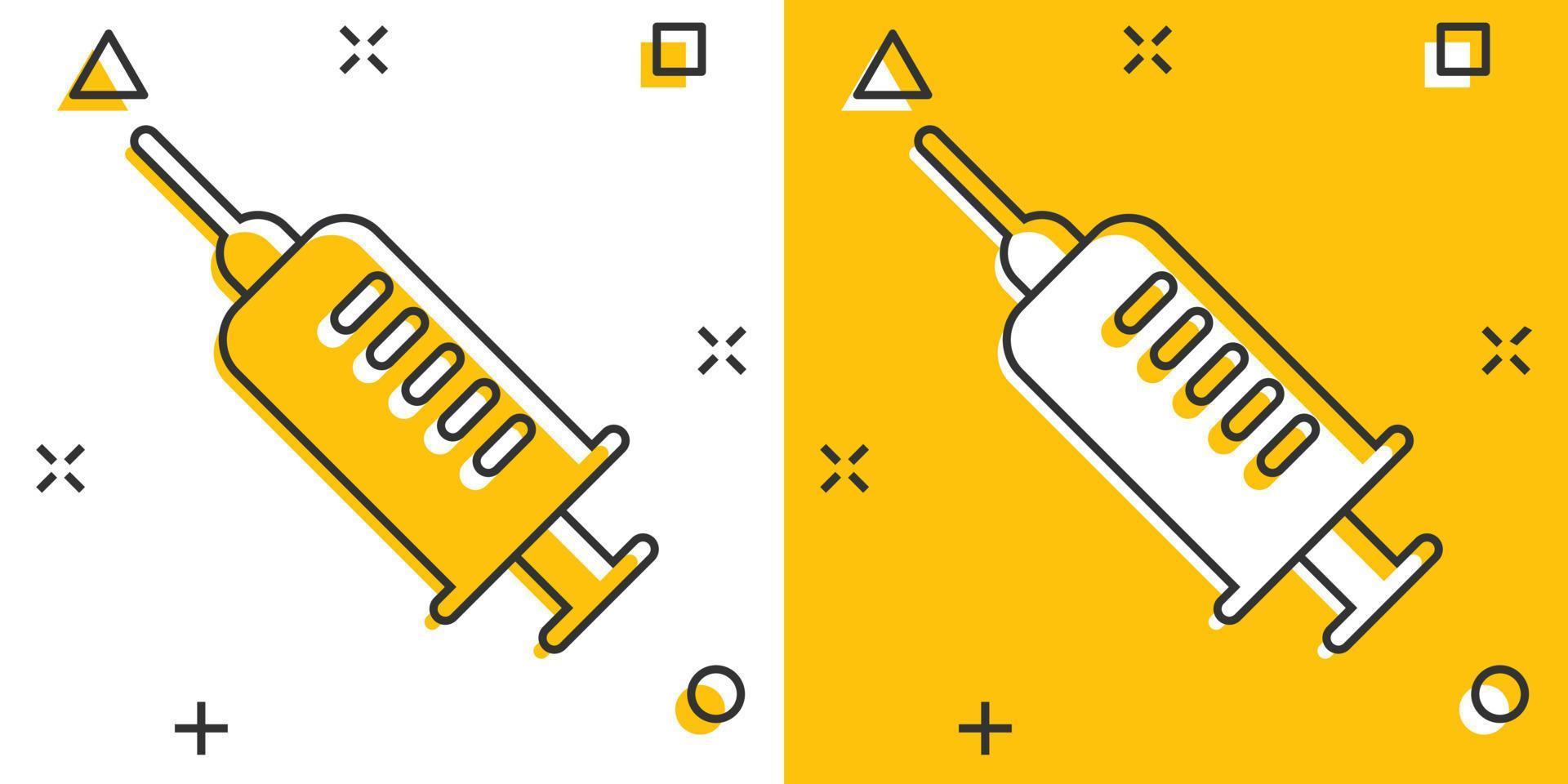 Syringe icon in comic style. Inject needle cartoon vector illustration on white isolated background. Drug dose splash effect business concept.
