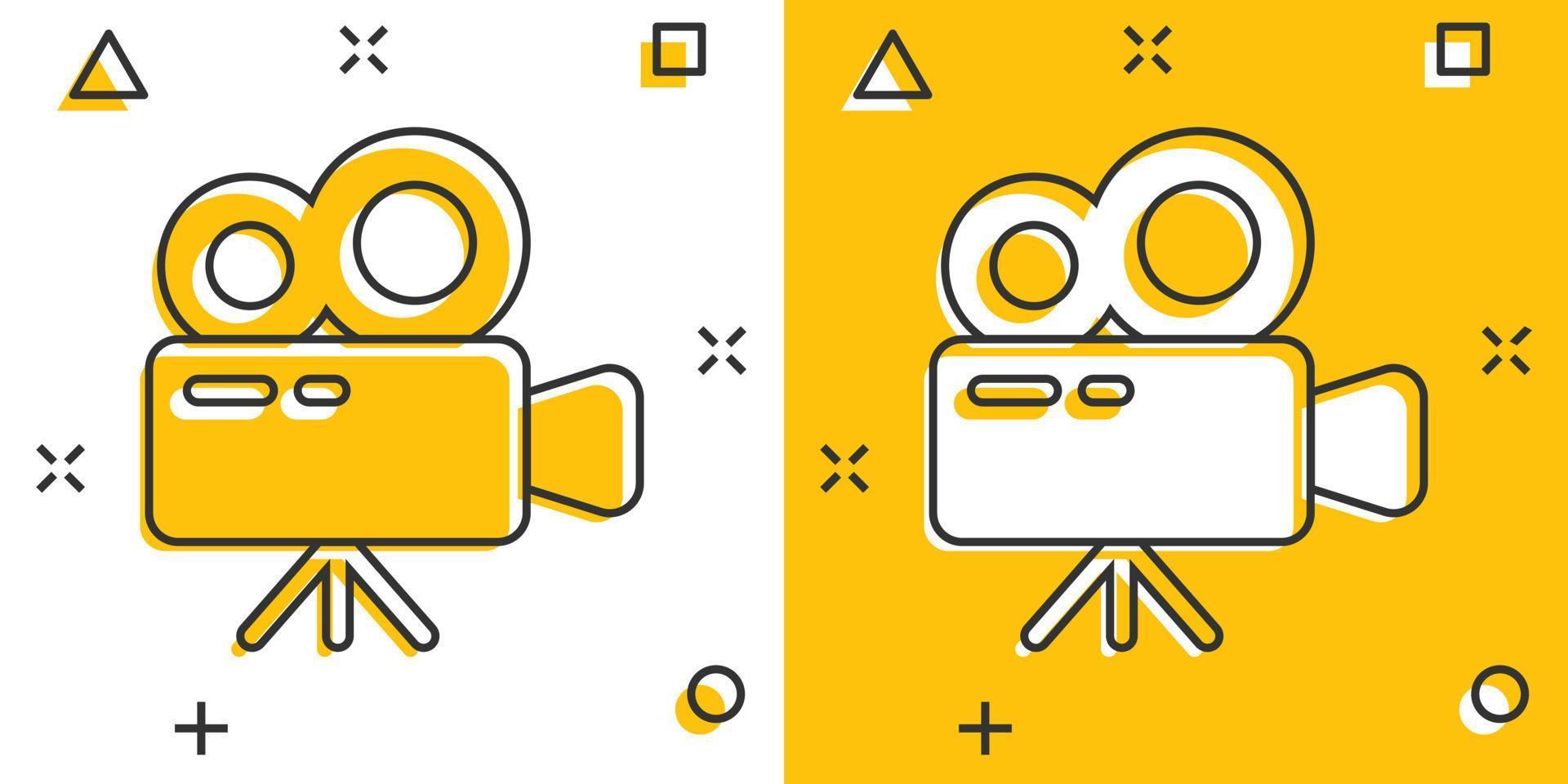 Projector icon in comic style. Cinema camera cartoon vector illustration on white isolated background. Movie splash effect business concept.