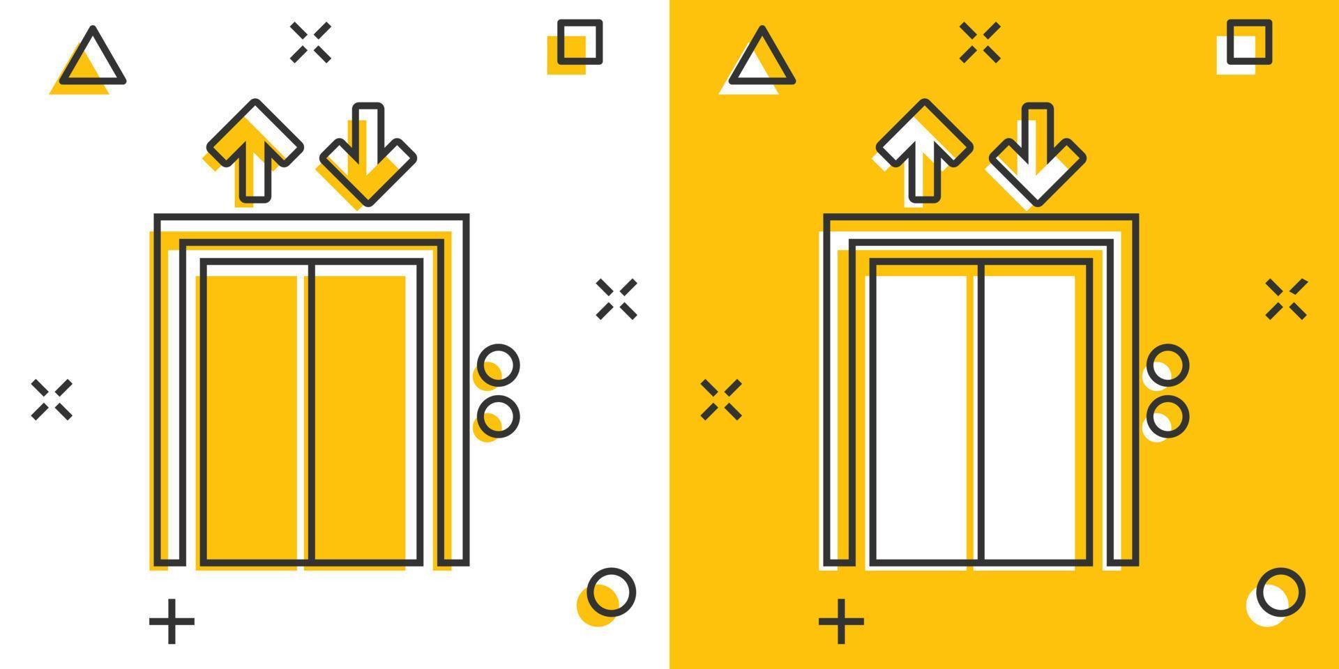 Elevator icon in comic style. Lift cartoon vector illustration on white isolated background. Passenger transportation splash effect business concept.