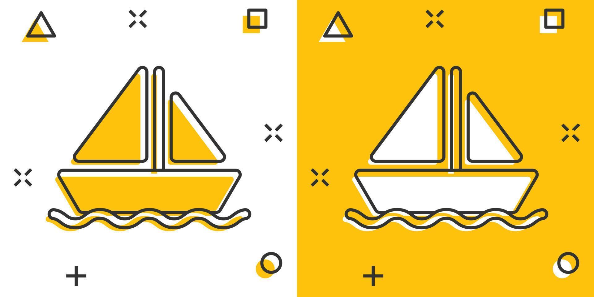 icono de barco de turismo en estilo cómico. ilustración de vector de dibujos animados de barco de pesca sobre fondo blanco aislado. concepto de negocio de efecto de salpicadura de destino de petrolero.