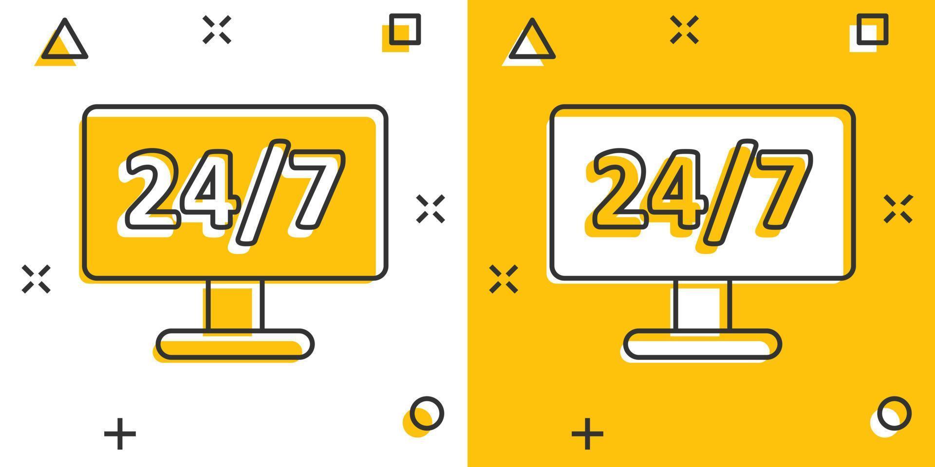 24 7 computer icon in comic style. All day service cartoon vector illustration on white isolated background. Support splash effect business concept.