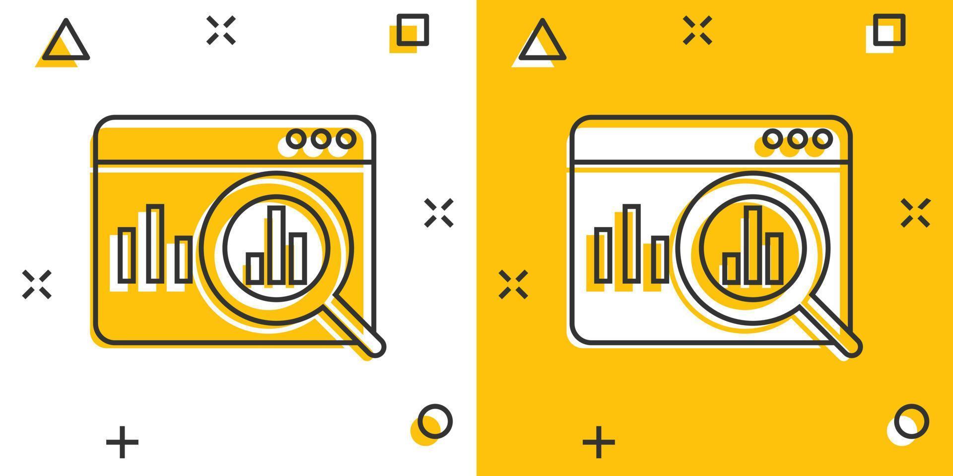 Market trend icon in comic style. Growth arrow with magnifier cartoon vector illustration on white isolated background. Increase splash effect business concept.