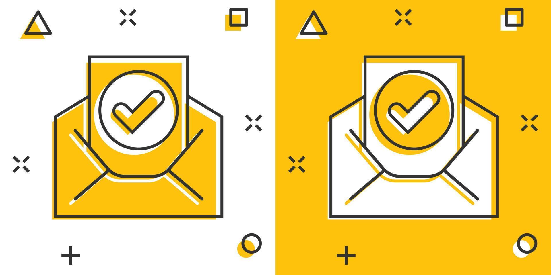 Envelope with confirmed document icon in comic style. Verify cartoon vector illustration on white isolated background. Receive splash effect business concept.
