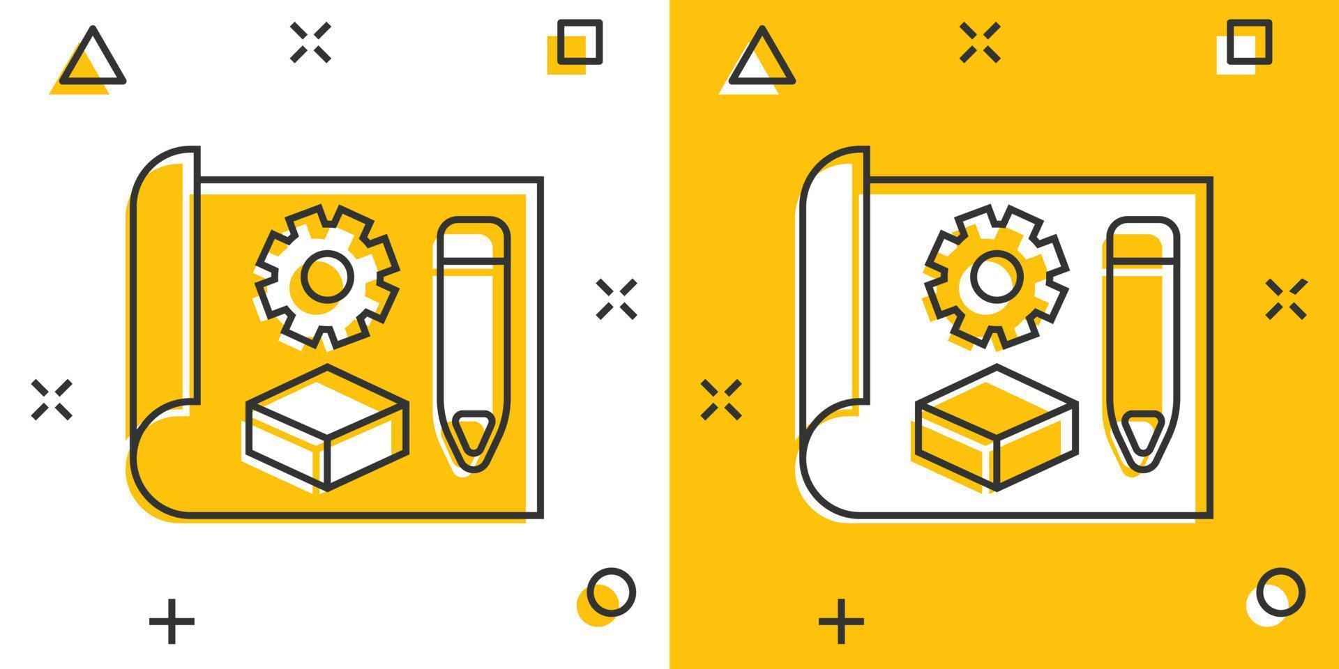 Prototype icon in comic style. Startup cartoon vector illustration on white isolated background. Model development splash effect business concept.