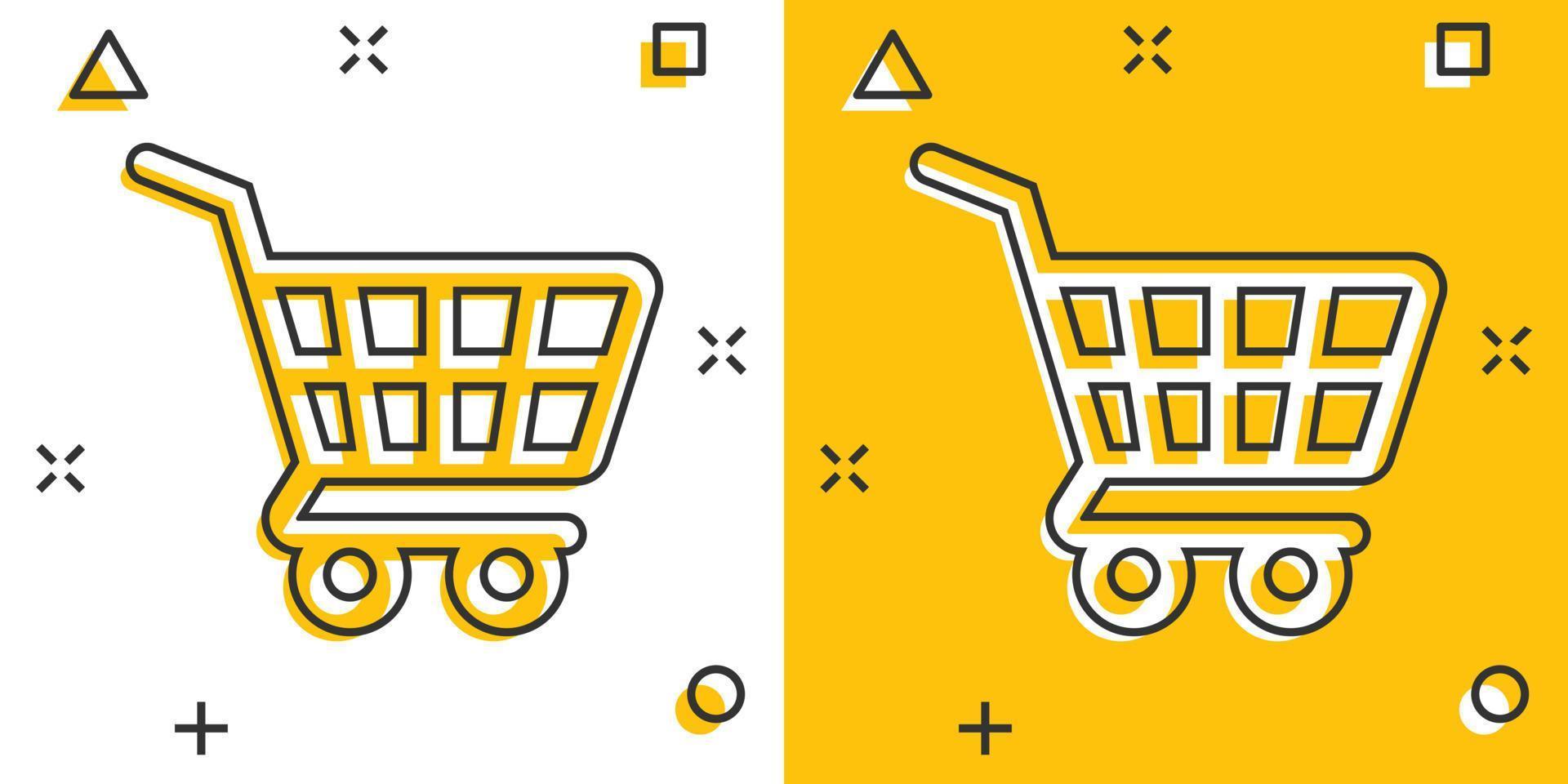 Shopping cart icon in comic style. Trolley cartoon vector illustration on white isolated background. Basket splash effect business concept.