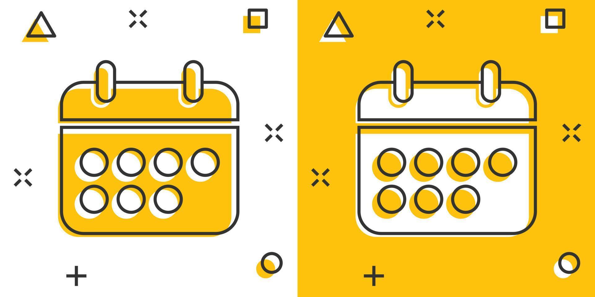 icono de calendario en estilo cómico. ilustración de vector de dibujos animados de agenda sobre fondo blanco aislado. concepto de negocio de efecto de salpicadura del planificador de horarios.