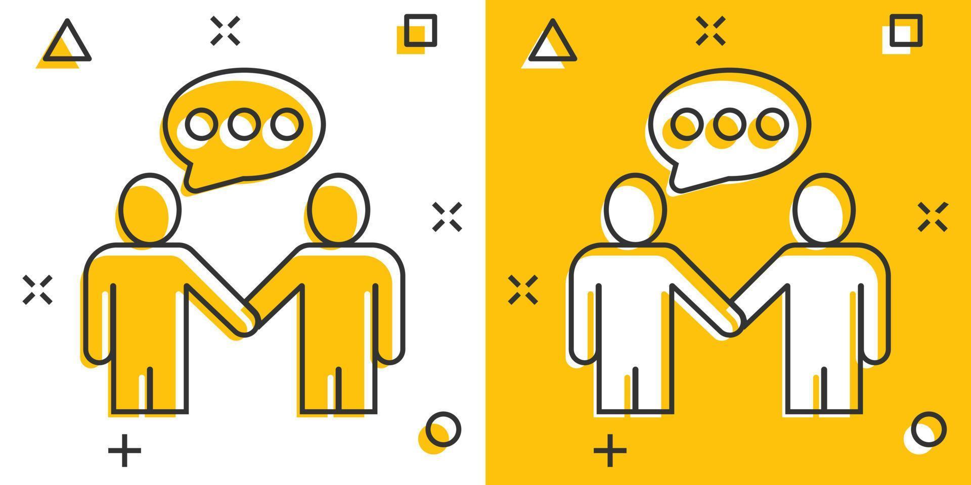 Greetings gesture icon in comic style. People handshake cartoon vector illustration on white isolated background. Hand shake splash effect business concept.