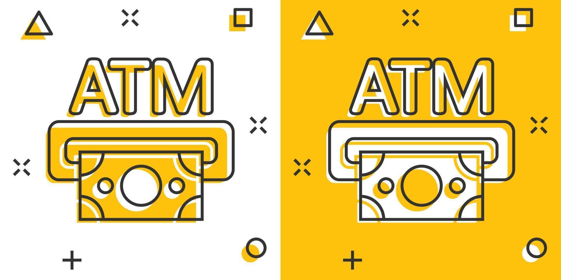 icono de cajero automático de dinero en estilo cómico. intercambiar ilustración vectorial de dibujos animados en efectivo sobre fondo blanco aislado. concepto de negocio de efecto de salpicadura de billete de banco. vector