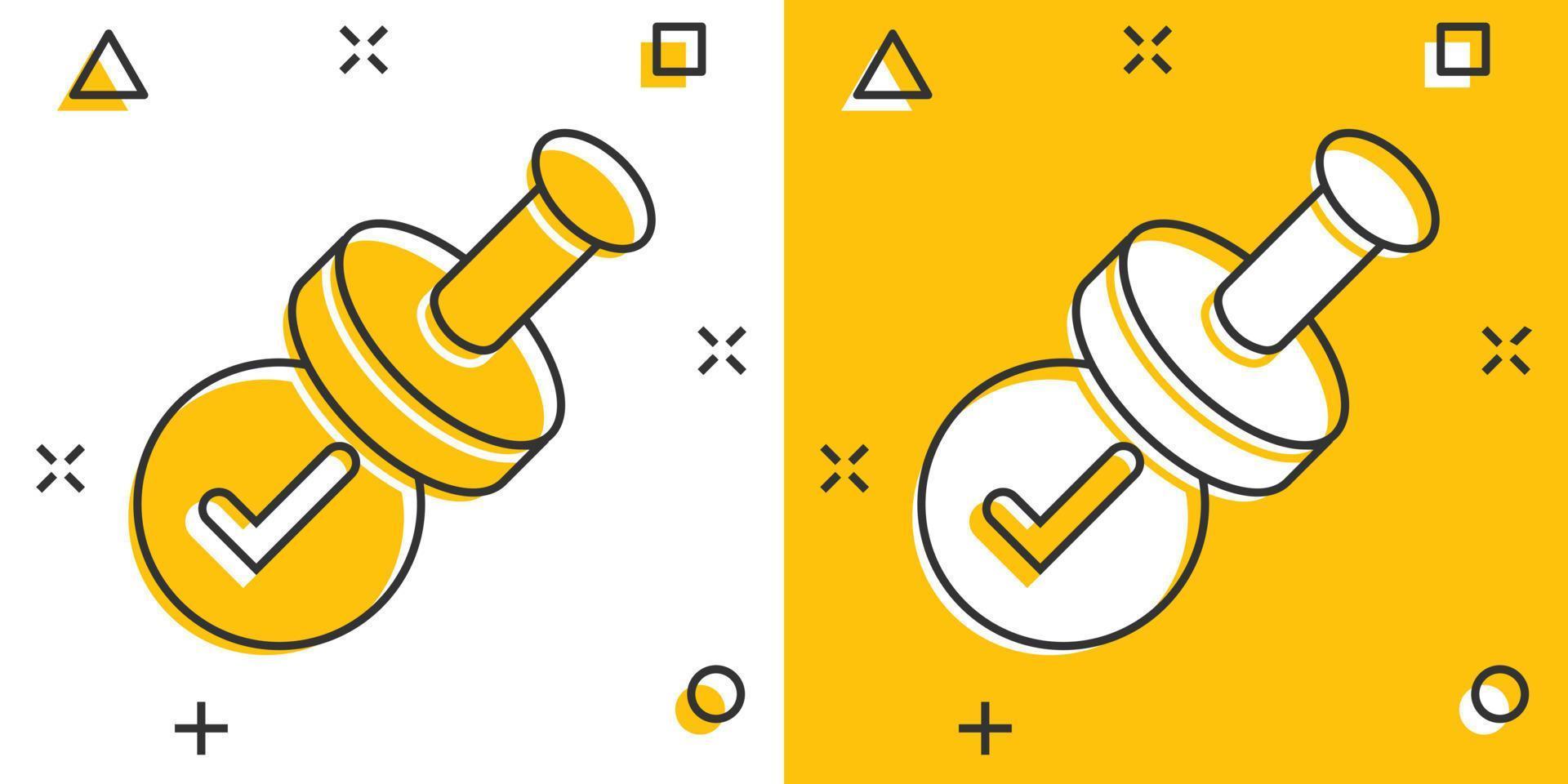 Approve stamp icon in comic style. Accept check mark cartoon vector illustration on white isolated background. Approval choice splash effect business concept.