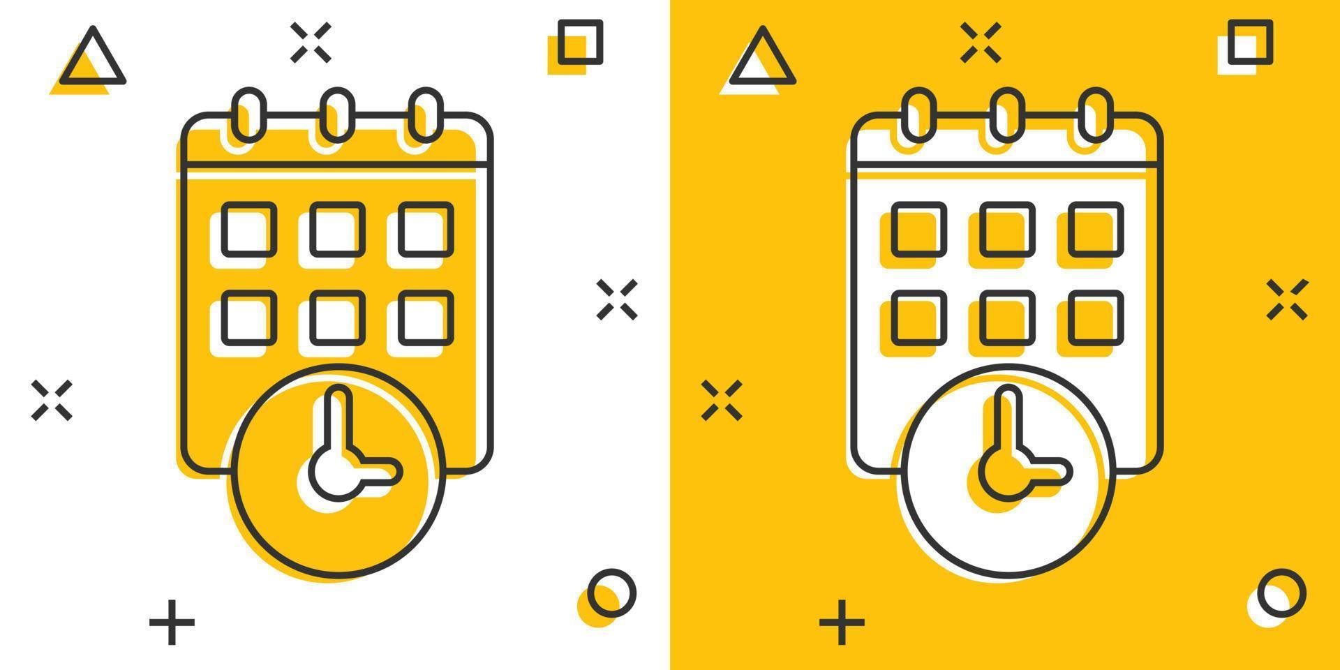 calendario con icono de reloj en estilo cómico. ilustración de vector de dibujos animados de agenda sobre fondo blanco aislado. programar el concepto de negocio de efecto de salpicadura del planificador de tiempo.