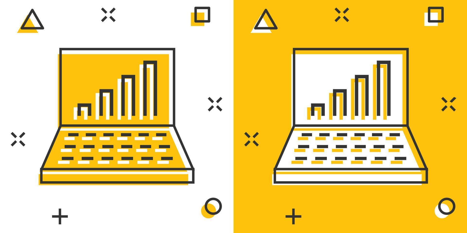 Laptop chart icon in comic style. SEO data cartoon vector illustration on white isolated background. Computer diagram splash effect business concept.