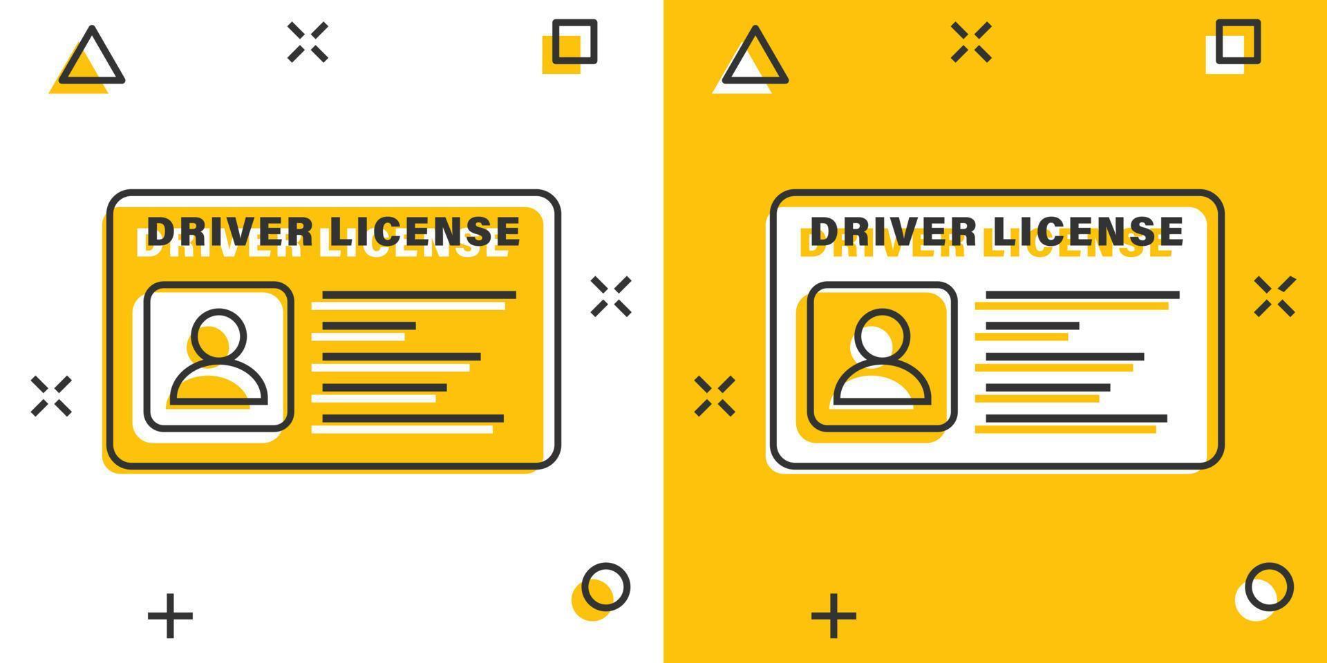 Driver license icon in comic style. Id card cartoon vector illustration on white isolated background. Identity splash effect business concept.