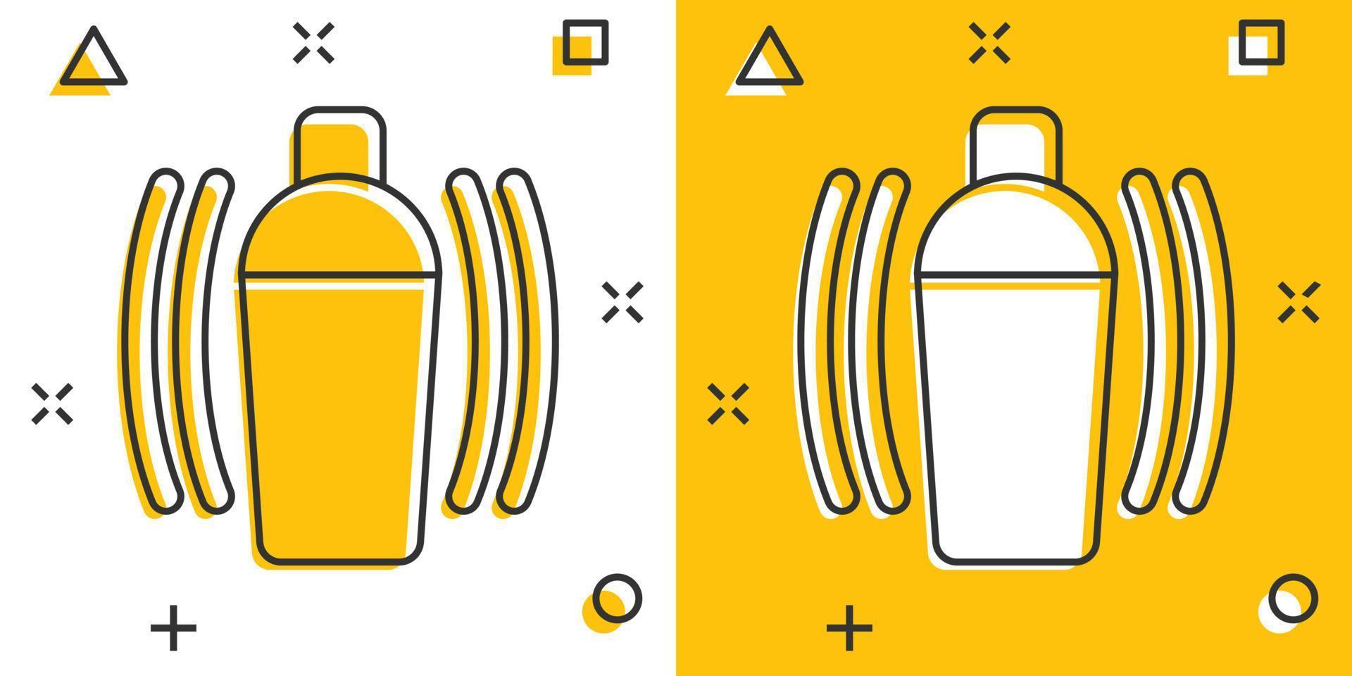 icono de cóctel agitador en estilo cómico. ilustración de vector de dibujos animados de botella de alcohol sobre fondo blanco aislado. concepto de negocio de efecto de salpicadura de bebida de bar.