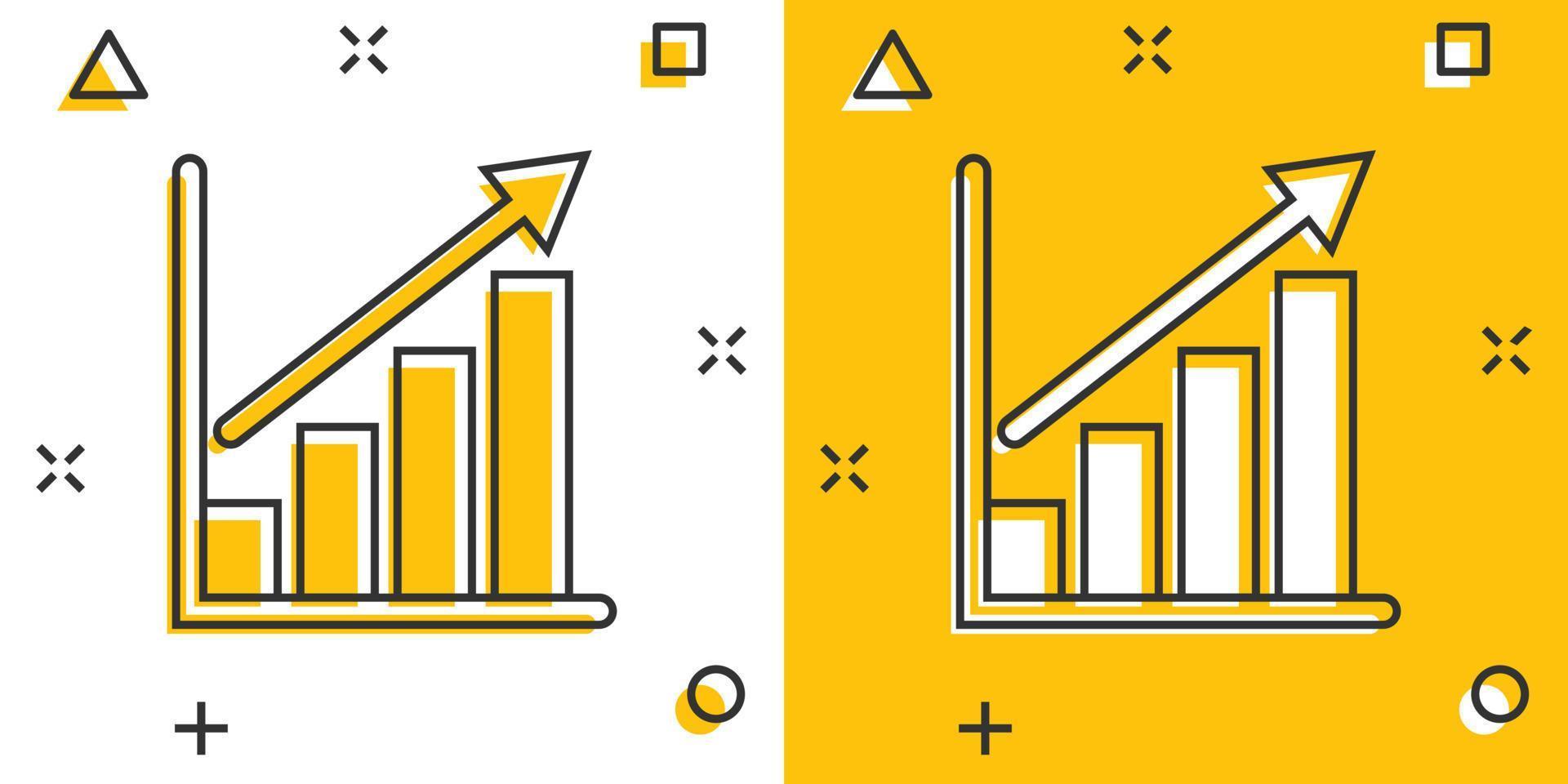 Chart graph icon in comic style. Arrow grow cartoon vector illustration on white isolated background. Analysis splash effect business concept.