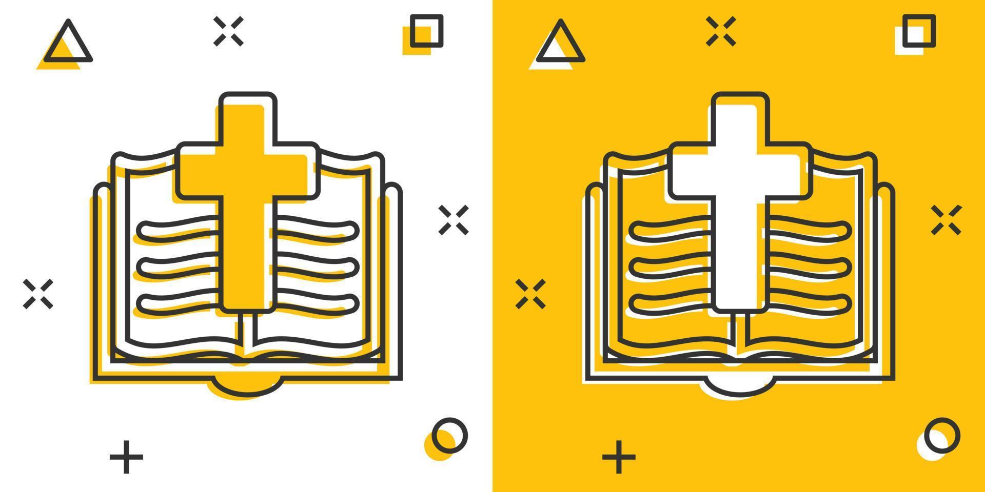 icono de libro de la biblia en estilo cómico. ilustración de vector de dibujos animados de fe de iglesia sobre fondo blanco aislado. concepto de negocio de efecto de salpicadura de espiritualidad.