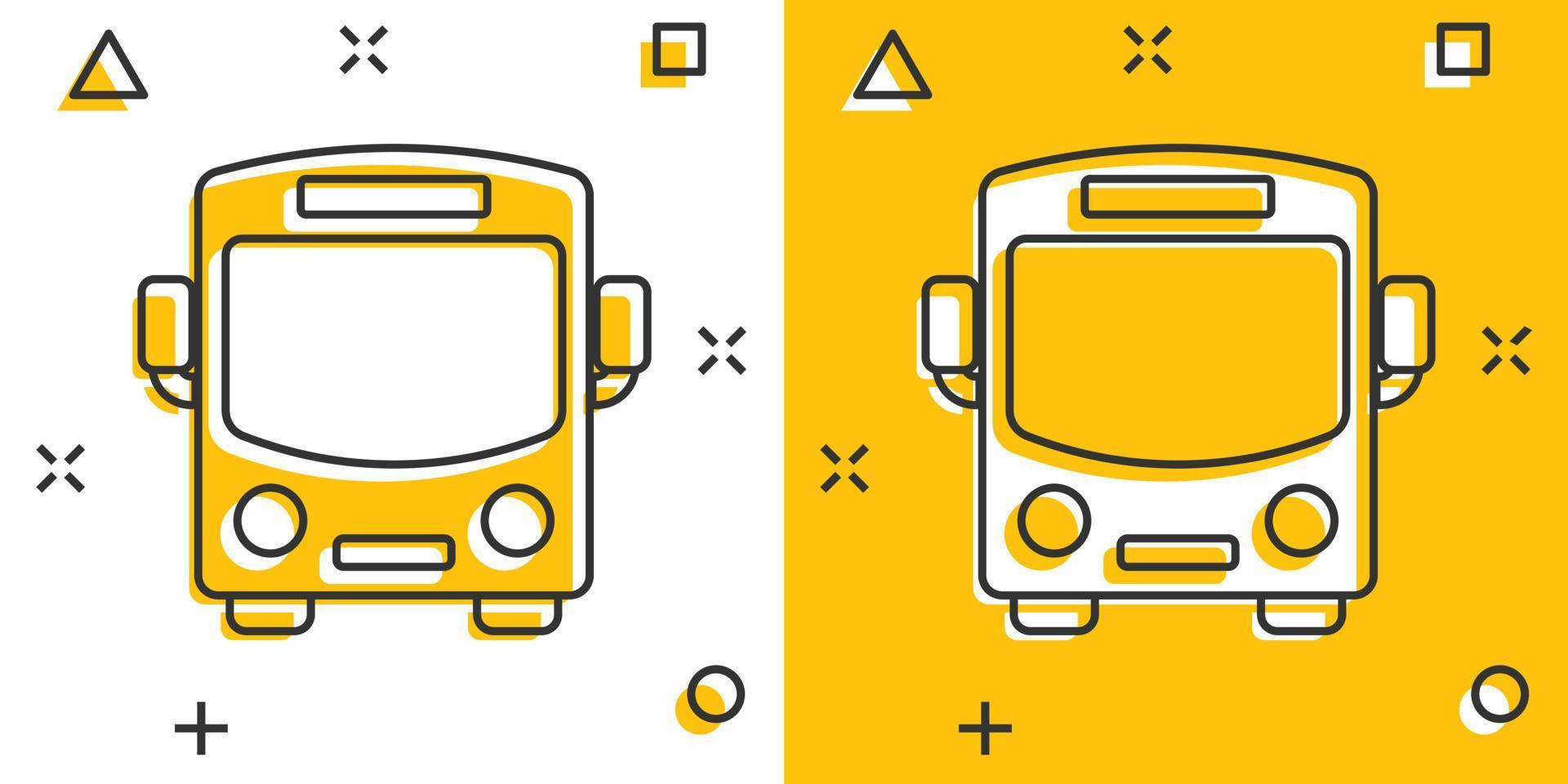 icono de autobús en estilo cómico. Ilustración de vector de dibujos animados de coche de entrenador sobre fondo blanco aislado. concepto de negocio de efecto de salpicadura de autobus.