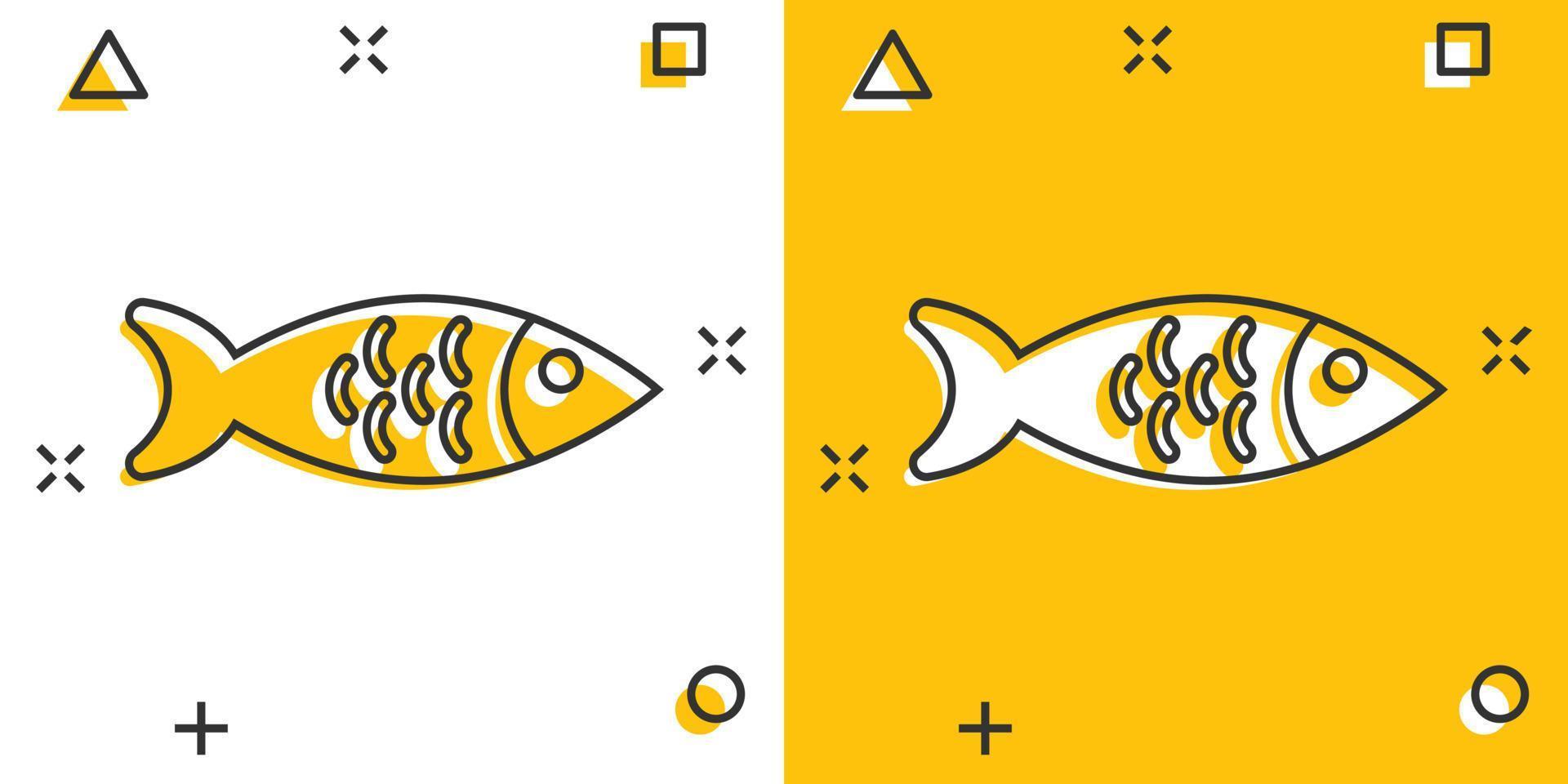 icono de pescado en estilo cómico. ilustración vectorial de dibujos animados de mariscos sobre fondo blanco aislado. concepto de negocio de efecto de salpicadura de animales marinos. vector