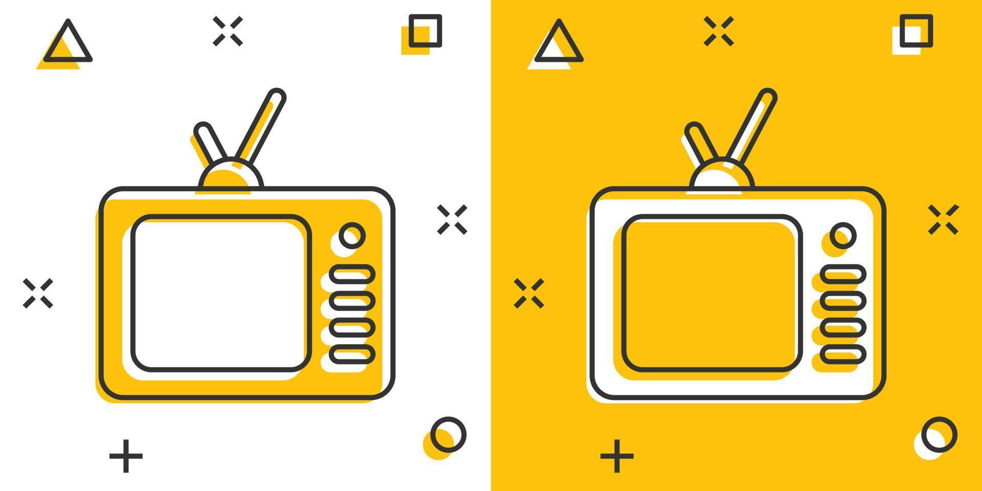 icono de tv en estilo cómico. ilustración de vector de signo de dibujos animados de televisión sobre fondo blanco aislado. concepto de negocio de efecto de salpicadura de canal de video.