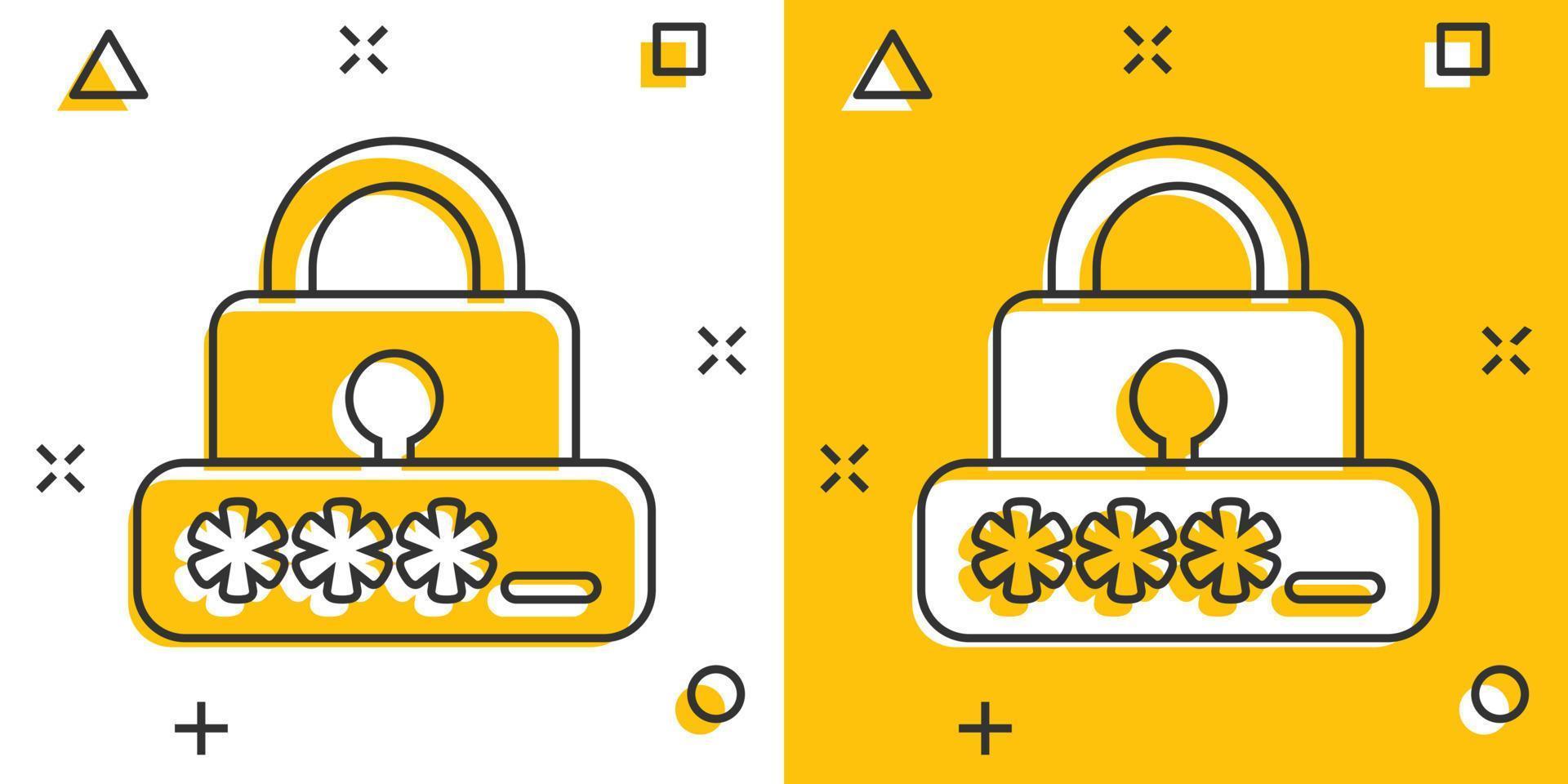 Login icon in comic style. Password access cartoon vector illustration on white isolated background. Padlock entry splash effect business concept.