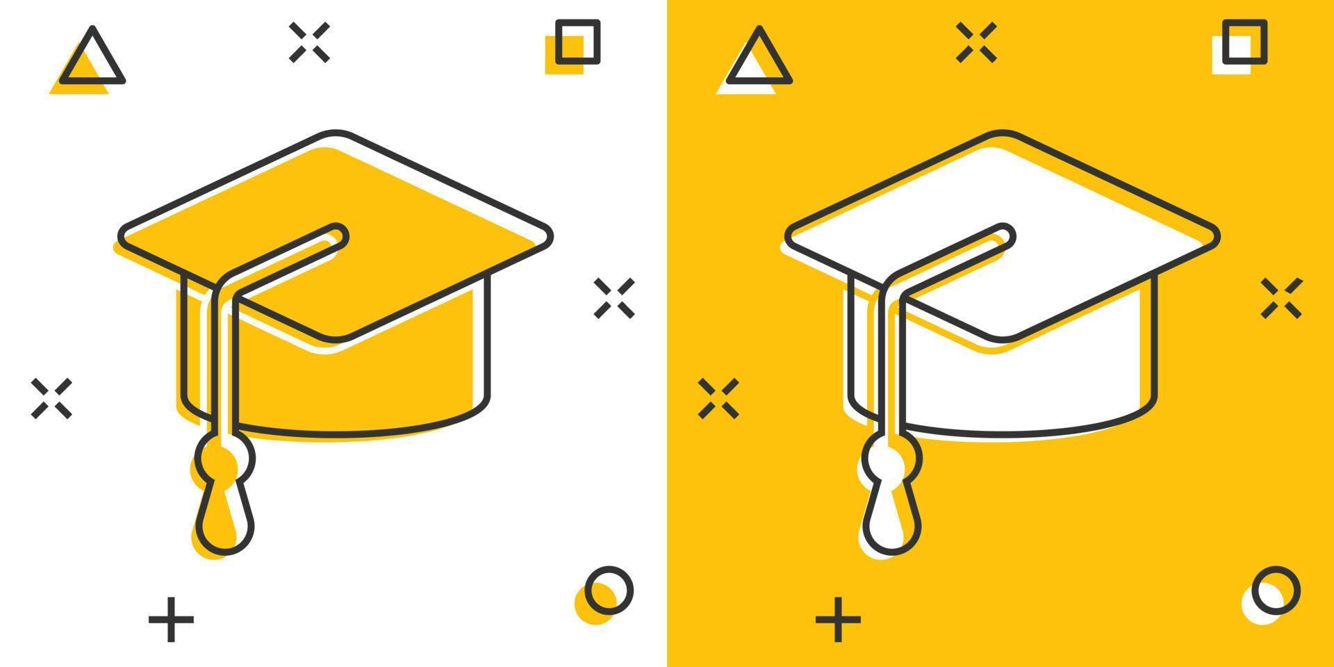 Graduation hat icon in comic style. Student cap cartoon vector illustration on white isolated background. University splash effect business concept.