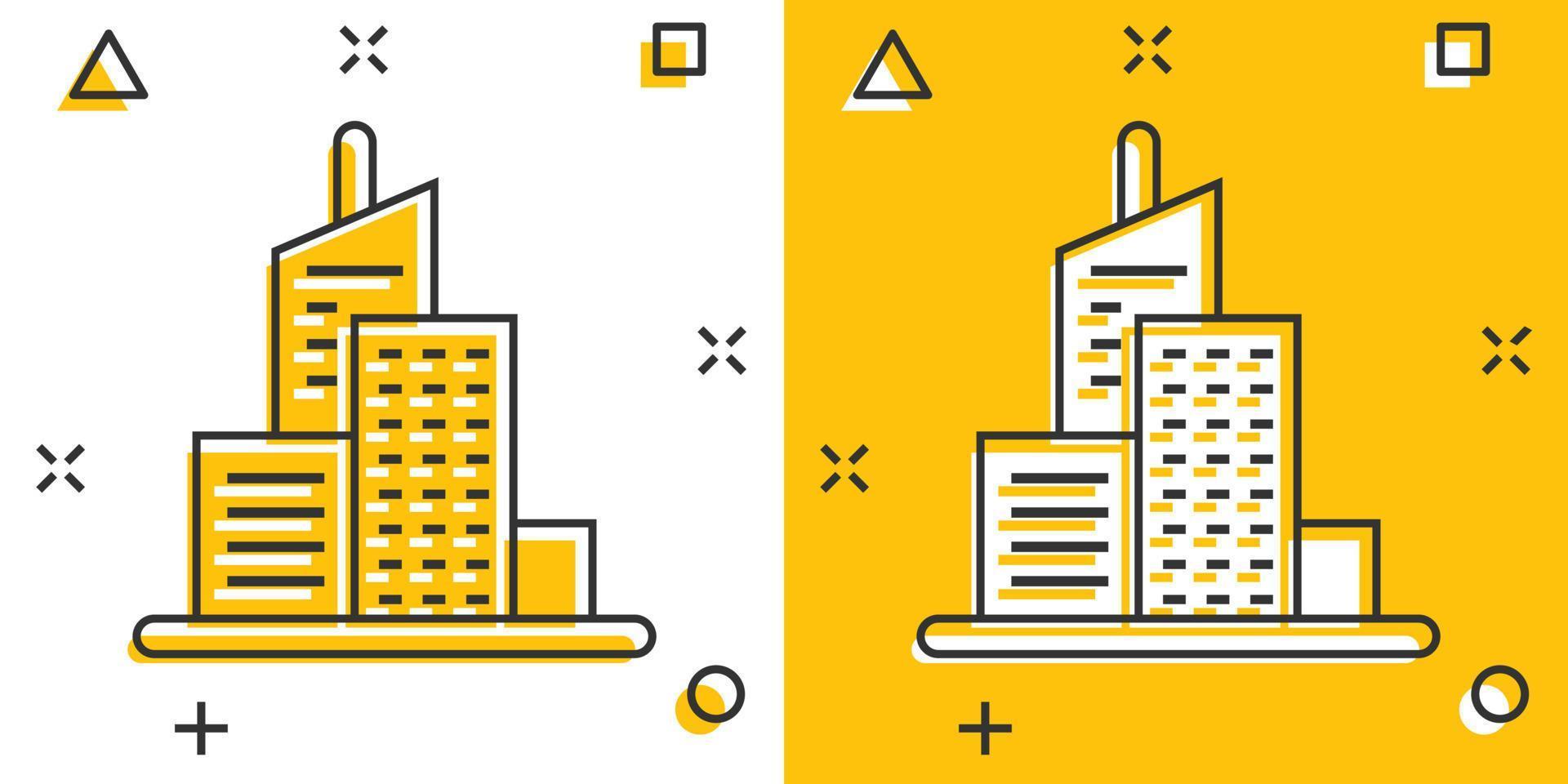 Building icon in comic style. Town skyscraper apartment cartoon vector illustration on white isolated background. City tower splash effect business concept.