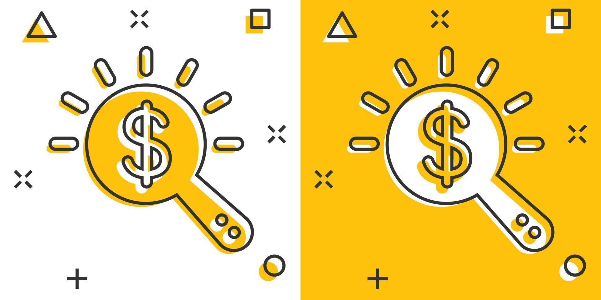 Magnifier glass with money icon in comic style. Dollar search cartoon vector illustration on white isolated background. Financial currency splash effect business concept.
