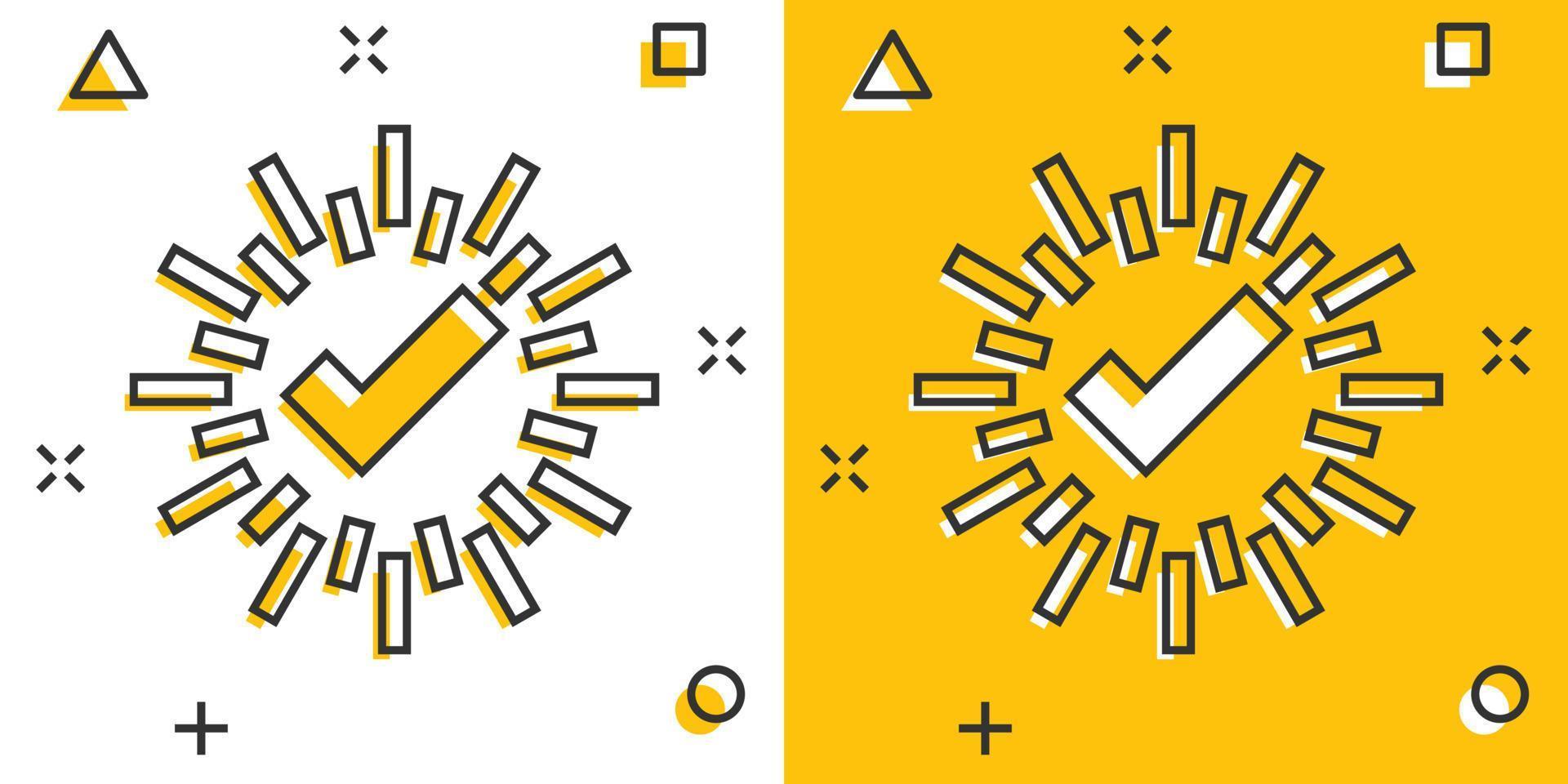 icono de signo de marca de verificación en estilo cómico. confirmar ilustración de vector de dibujos animados de botón sobre fondo blanco aislado. concepto de negocio de efecto de salpicadura aceptado.