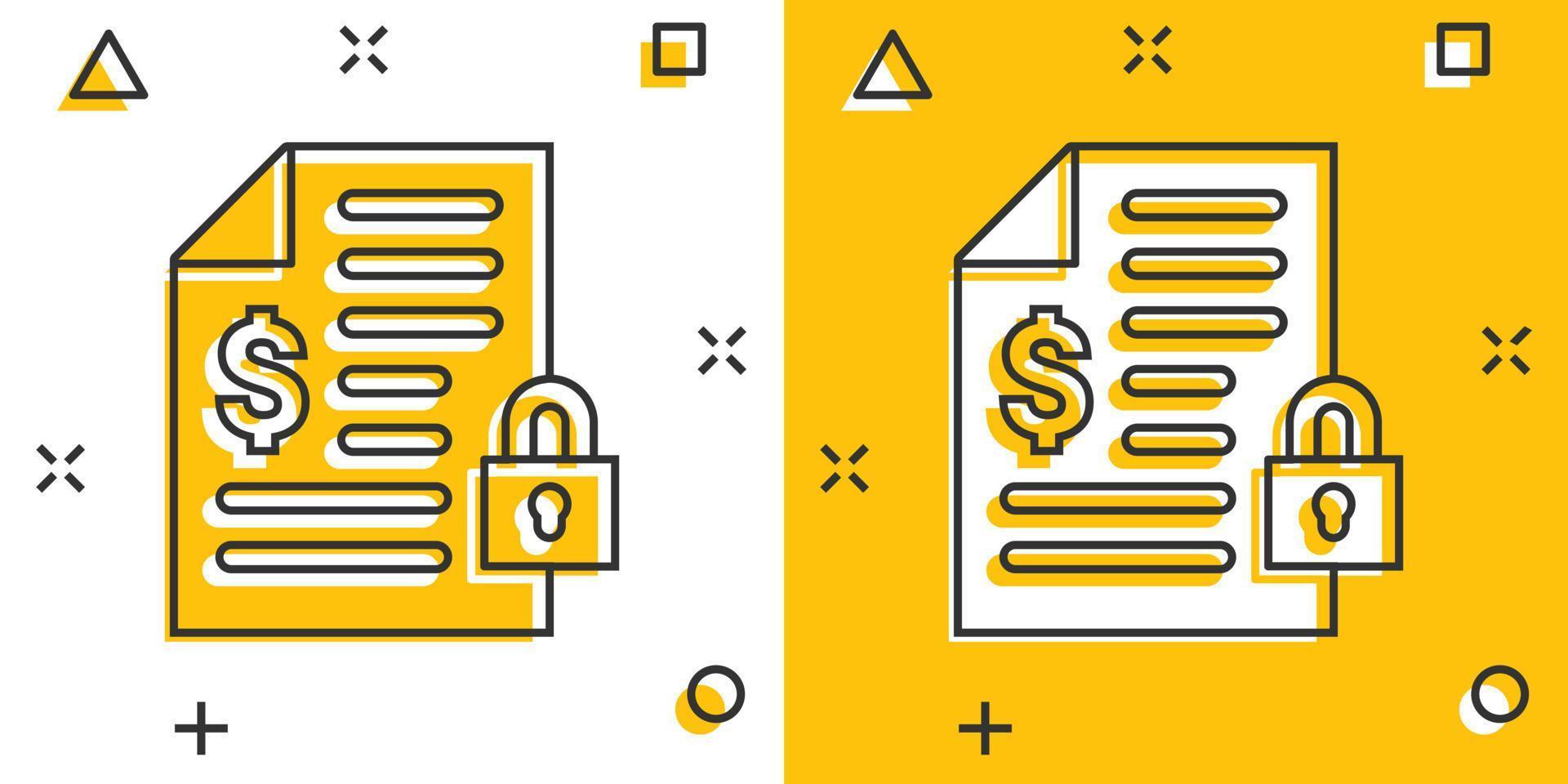 Financial statement icon in comic style. Document with lock cartoon vector illustration on white isolated background. Report splash effect business concept.
