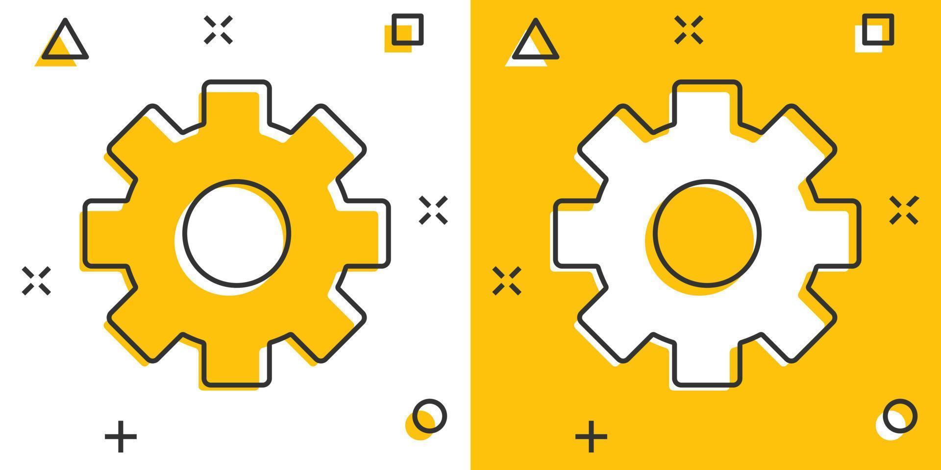 icono de vector de engranaje en estilo cómico. ilustración de dibujos animados de rueda dentada sobre fondo blanco aislado. concepto de negocio de efecto de salpicadura de rueda dentada.
