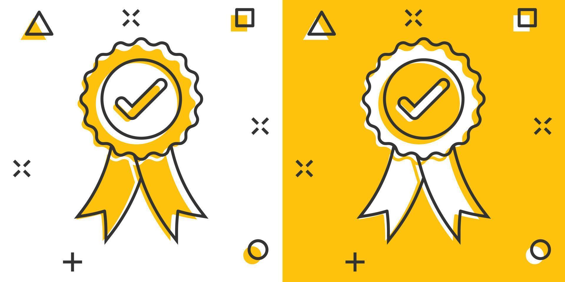 Check mark sign icon in comic style. Confirm button cartoon vector illustration on white isolated background. Accepted splash effect business concept.