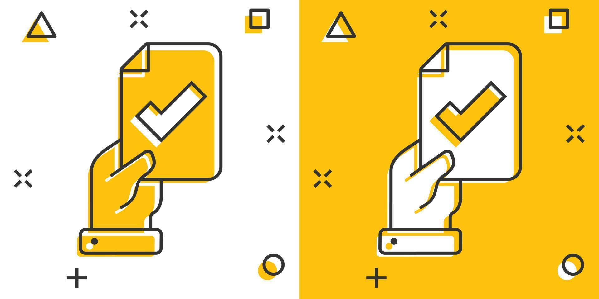 People hand with check mark icon in comic style. Accept cartoon vector illustration on white isolated background. Approval choice splash effect business concept.