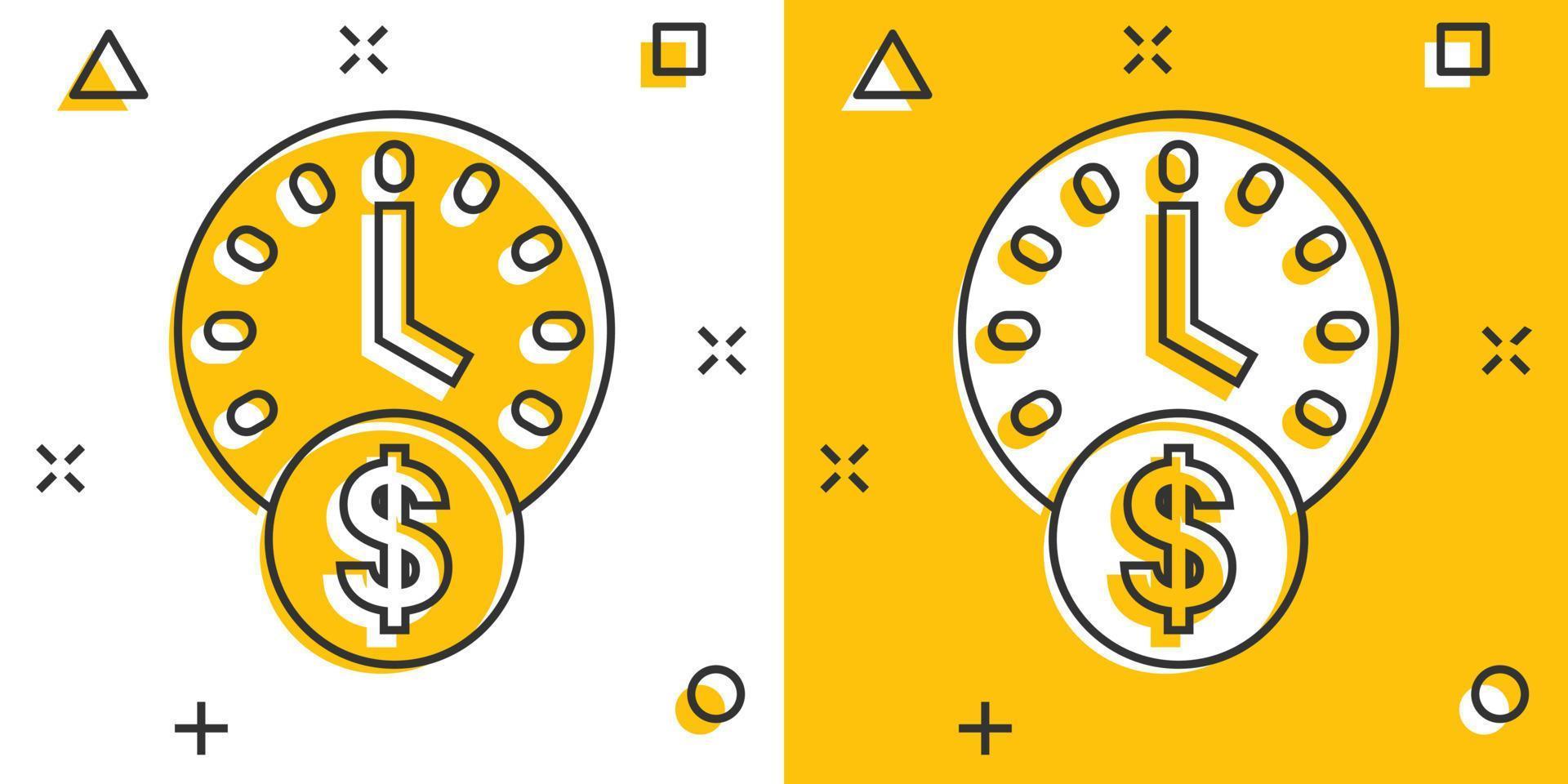 el tiempo es icono de dinero en estilo cómico. ilustración de vector de dibujos animados de gestión de proyectos sobre fondo blanco aislado. concepto de negocio de efecto de salpicadura de fecha límite.