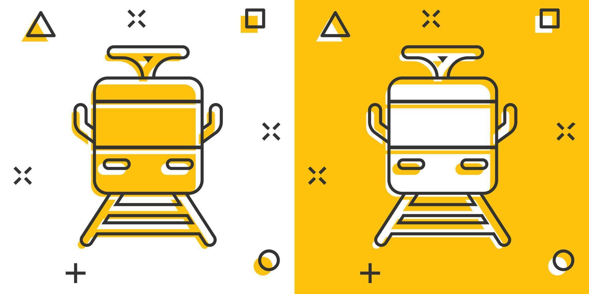 Metro icon in comic style. Train subway cartoon vector illustration on white isolated background. Railroad cargo splash effect business concept.