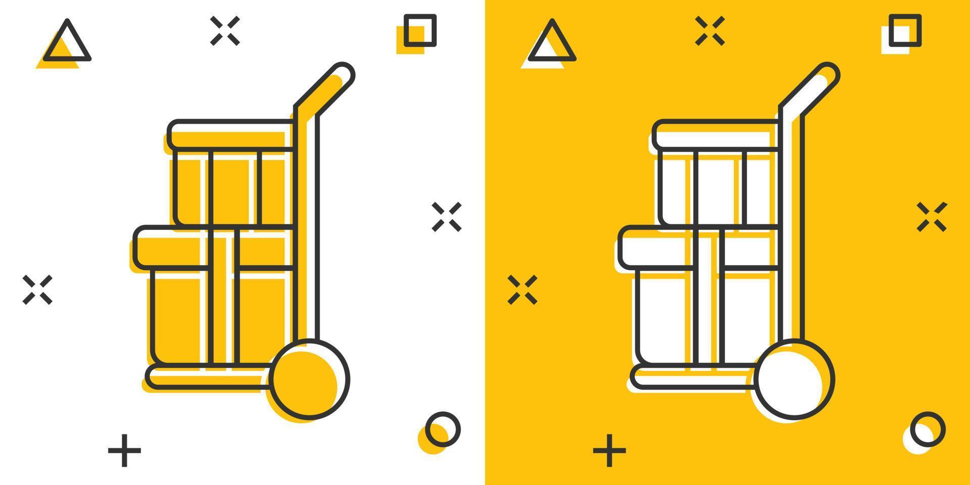 Cargo trolley icon in comic style. Delivery box cartoon vector illustration on white isolated background. Box shipping splash effect business concept.