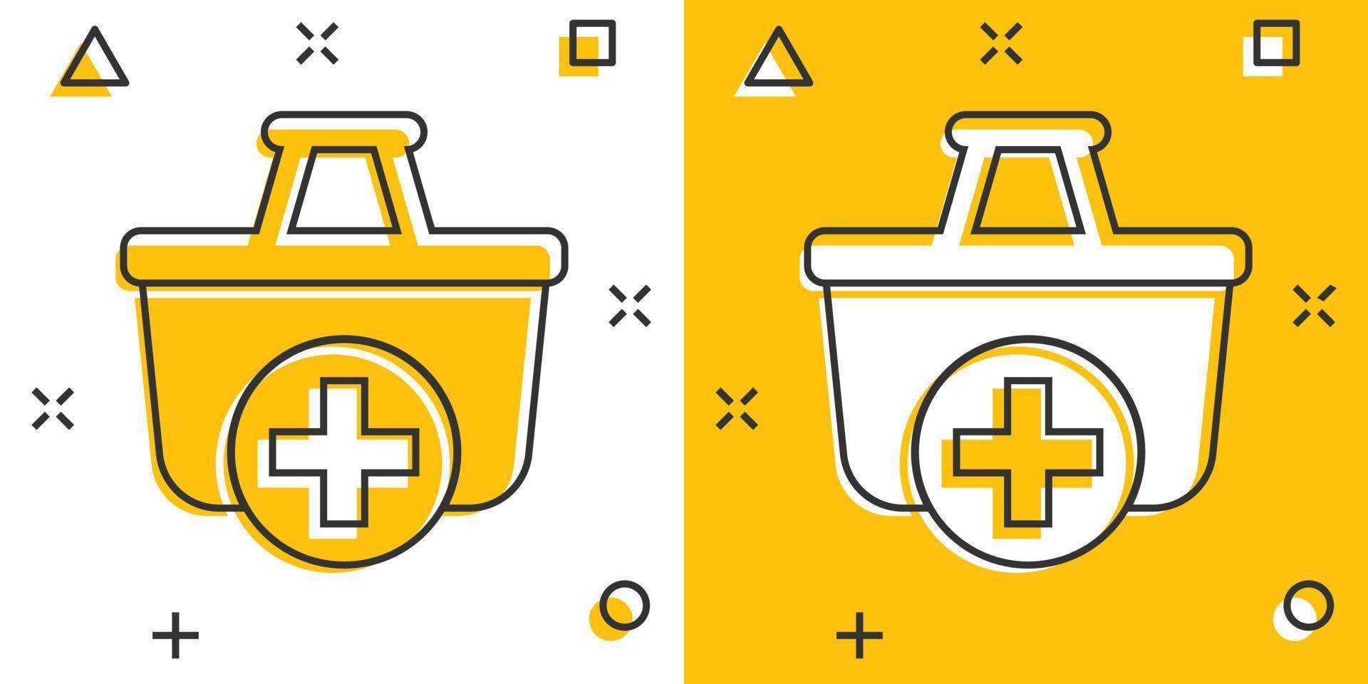 Add to cart icon in comic style. Shopping vector cartoon illustration on white isolated background. Basket with plus sign splash effect business concept.