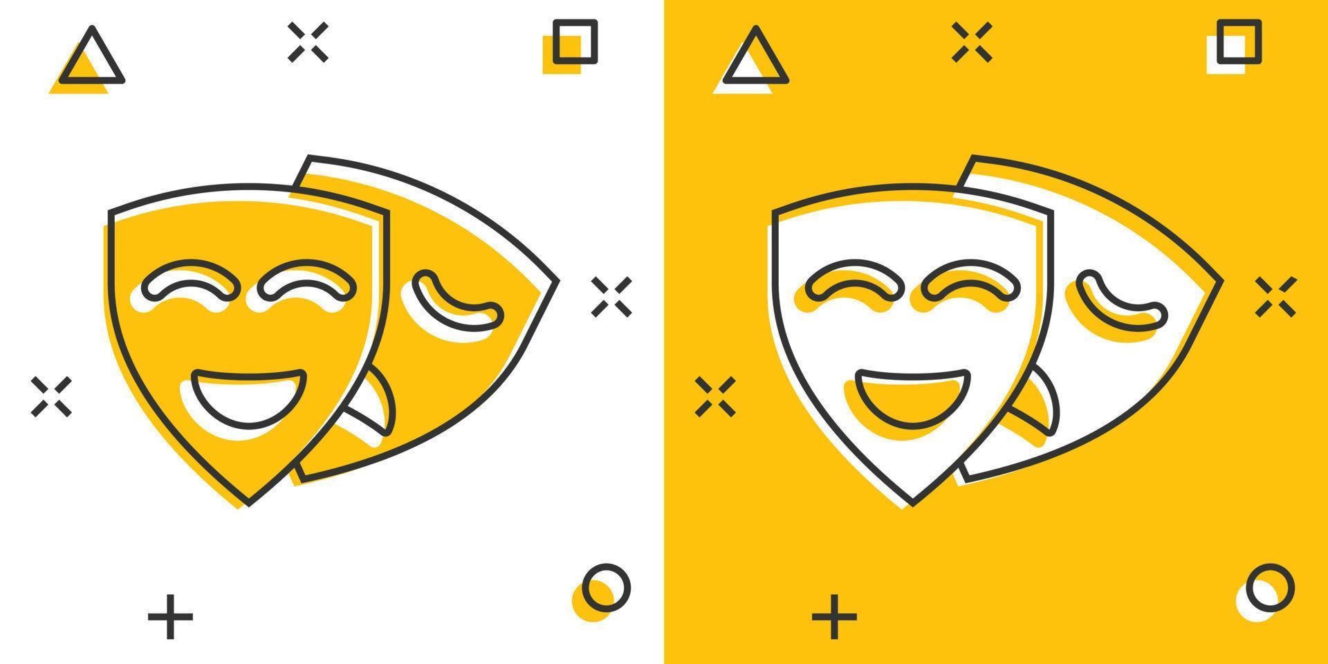 Theater mask icon in comic style. Comedy and tragedy cartoon vector illustration on white isolated background. Smile face splash effect business concept.