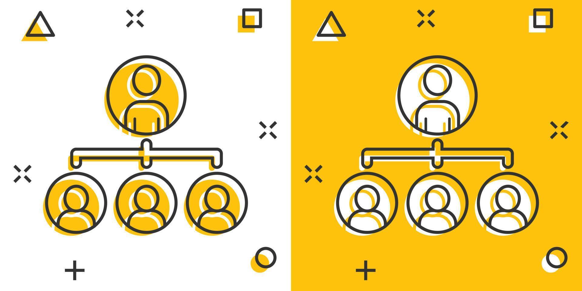 organigrama corporativo personas vector icono en estilo cómico. ilustración de dibujos animados de cooperación de personas sobre fondo blanco. concepto de negocio de efecto de salpicadura de trabajo en equipo.