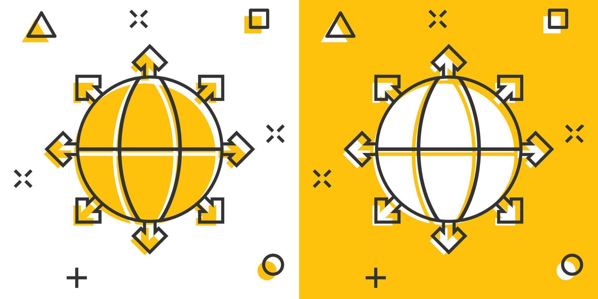 icono del planeta tierra en estilo cómico. ilustración de vector de dibujos animados geográficos de globo sobre fondo blanco aislado. concepto de negocio de efecto de salpicadura de comunicación global.