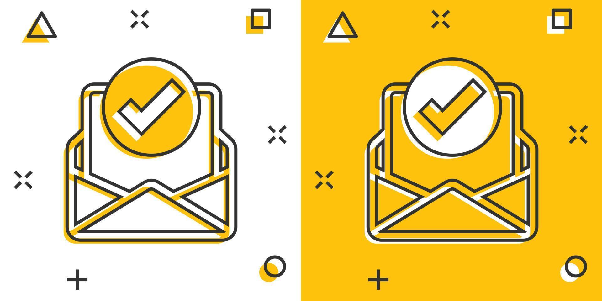 Envelope with confirmed document icon in comic style. Verify cartoon vector illustration on white isolated background. Receive splash effect business concept.