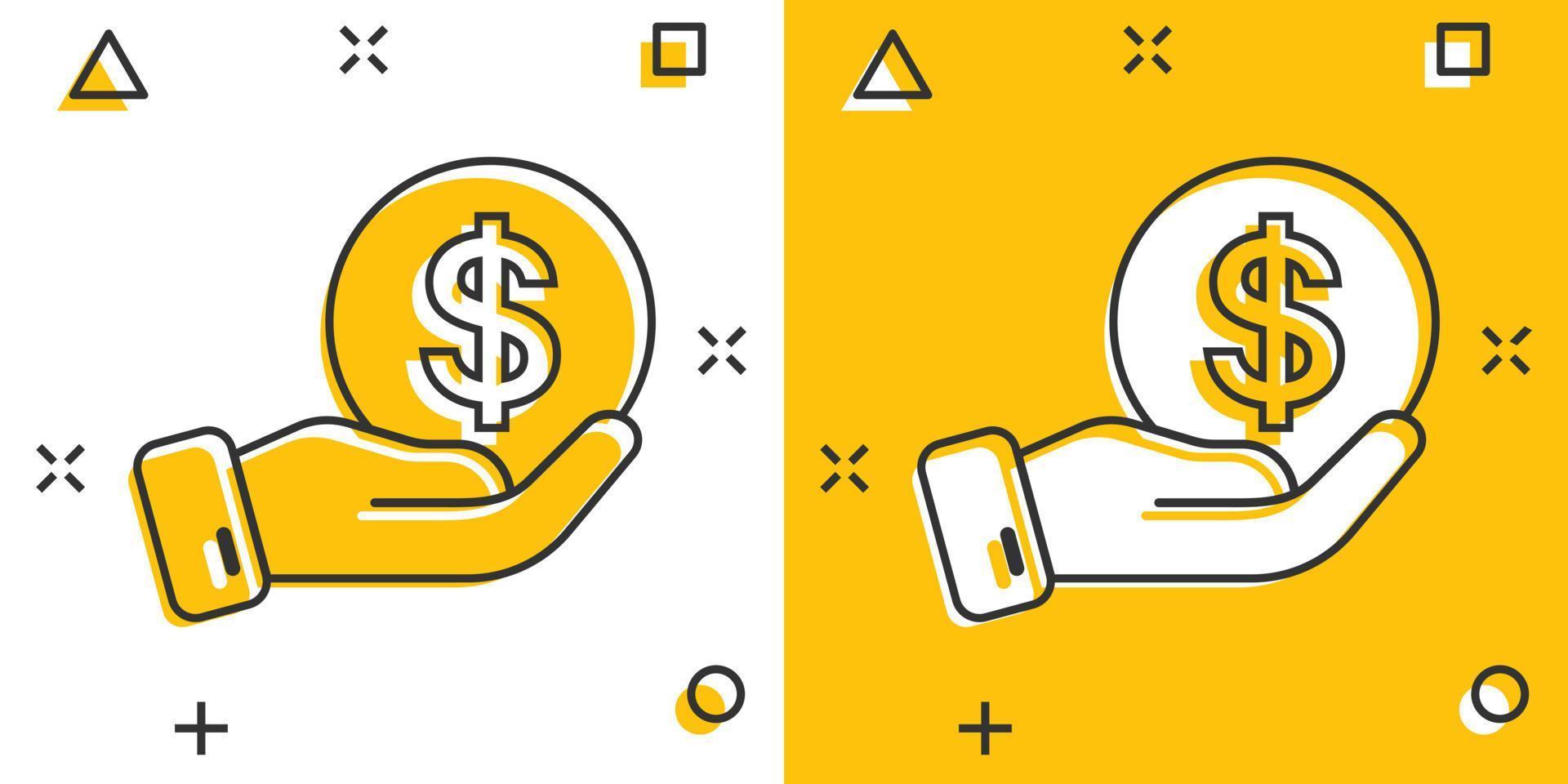 Remuneration icon in comic style. Money in hand cartoon vector illustration on white isolated background. Coin payroll splash effect business concept.