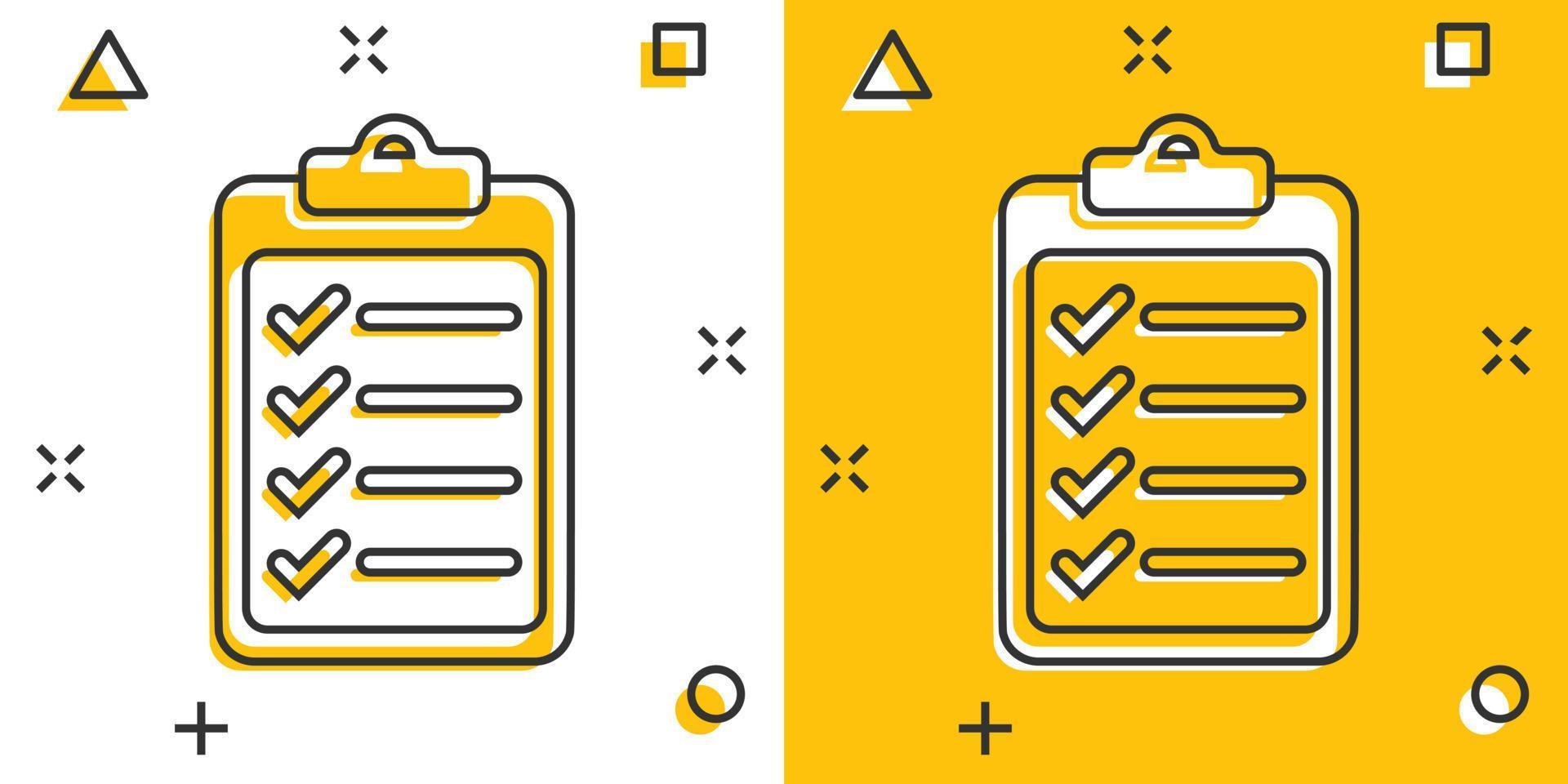 To do list icon in comic style. Document checklist cartoon vector illustration on white isolated background. Notepad check mark splash effect business concept.