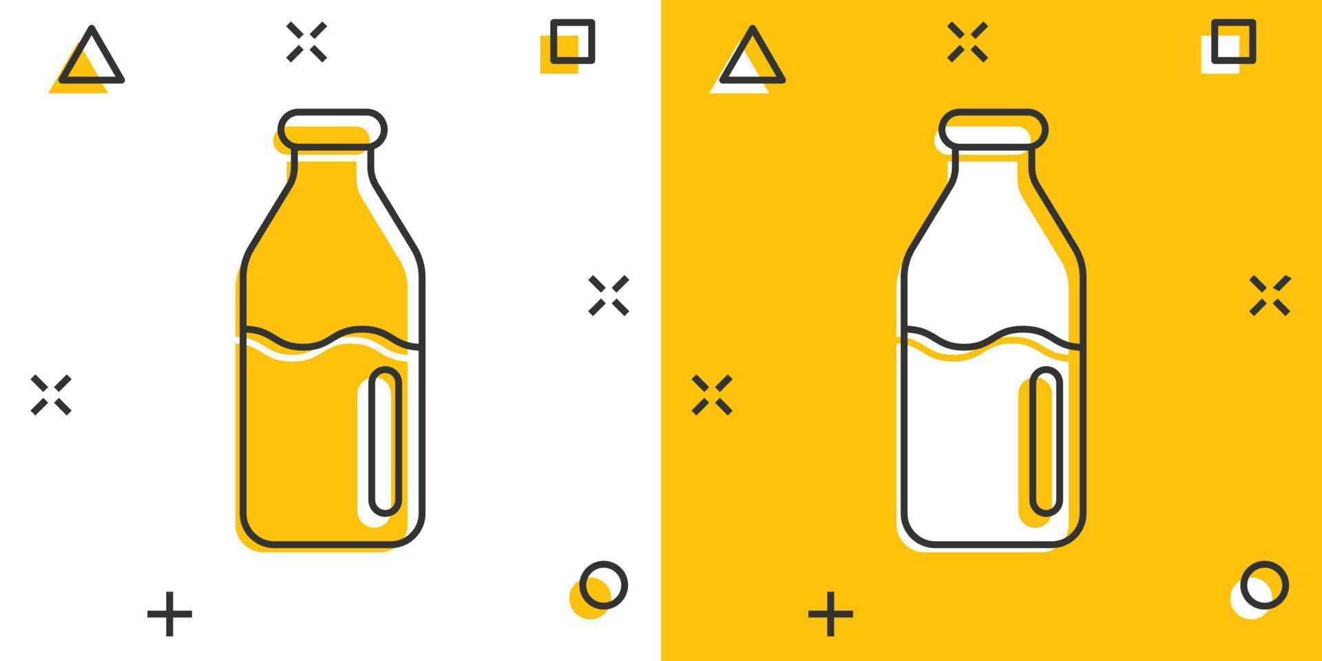 icono de botella de leche en estilo cómico. Ilustración de vector de dibujos animados de matraz sobre fondo blanco aislado. concepto de negocio de efecto de salpicadura de contenedor de bebida.