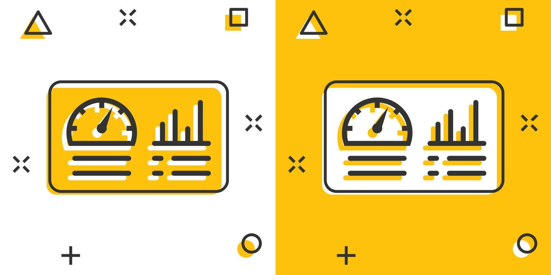 Dashboard icon in comic style. Finance analyzer cartoon vector illustration on white isolated background. Performance algorithm splash effect business concept.