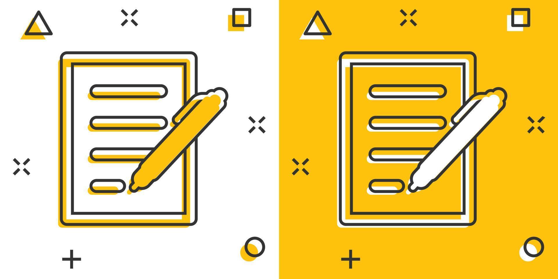 Document with pen icon in comic style. Notepad vector cartoon illustration on white isolated background. Office stationery splash effect business concept.