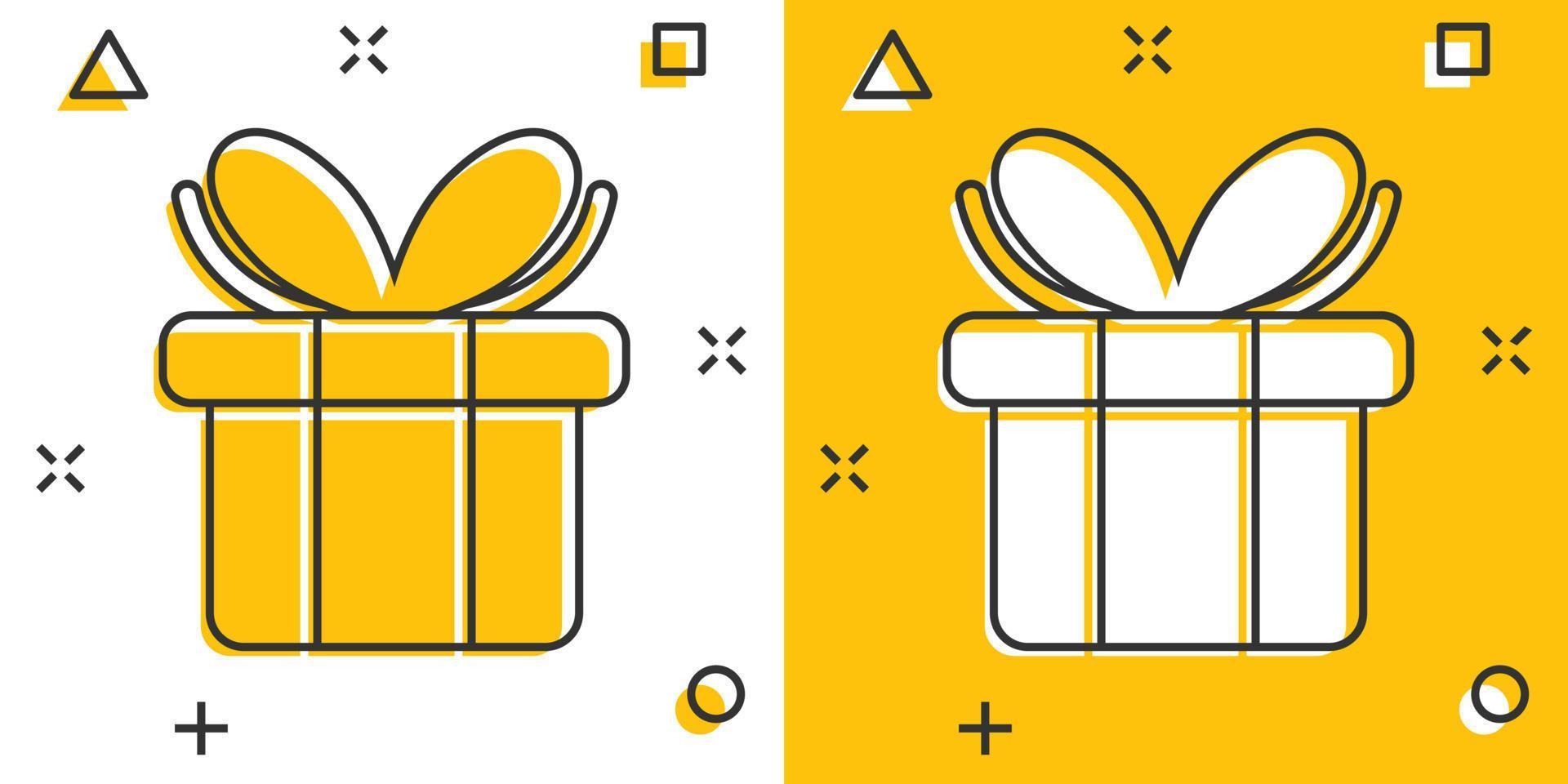 Gift box icon in comic style. Present package cartoon vector illustration on white isolated background. Surprise splash effect business concept.